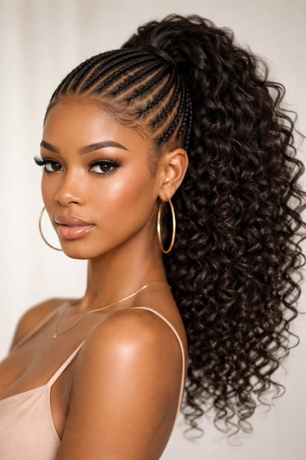 Close-up of thin feed-in cornrows leading to a voluminous curled ponytail, studio lighting