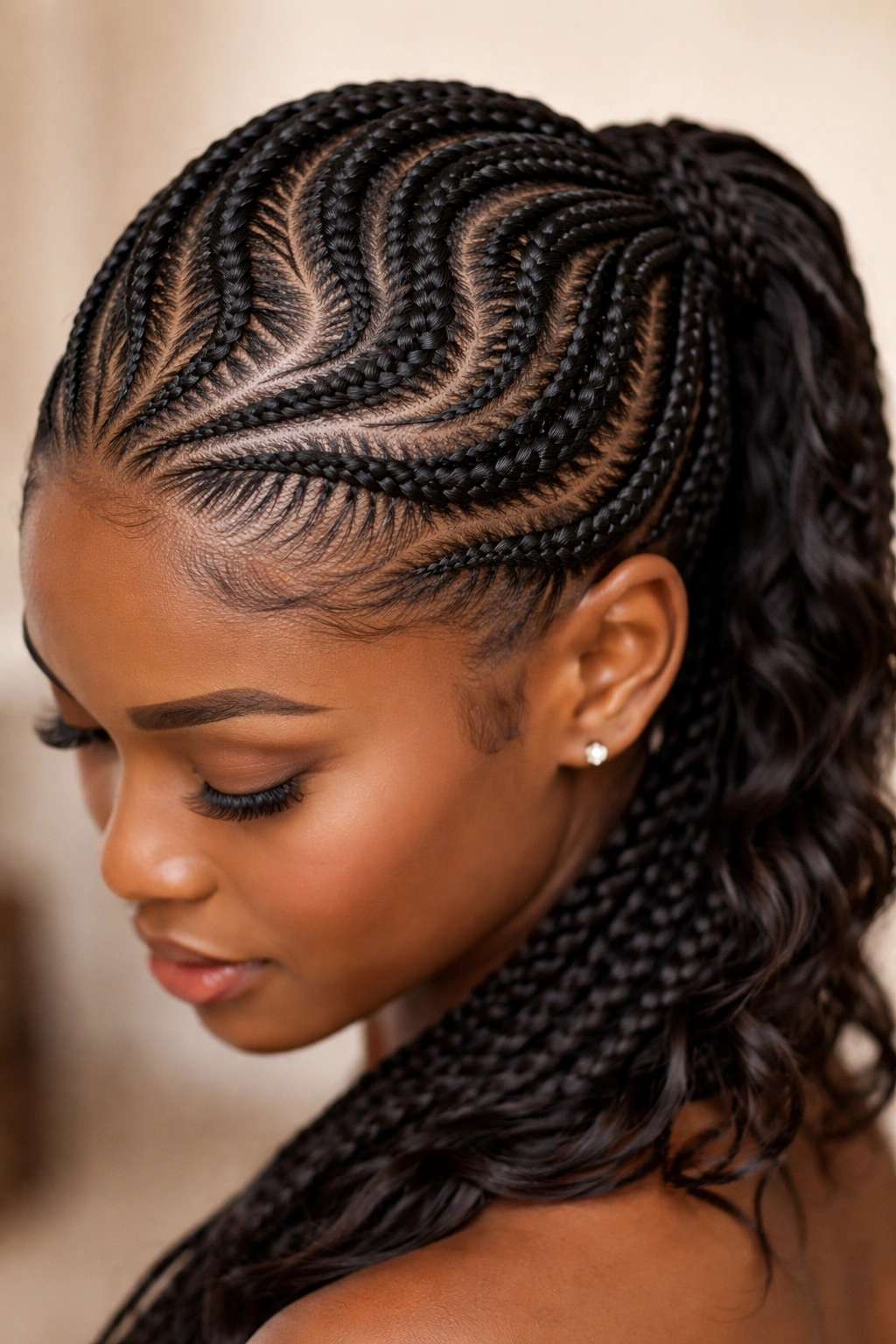 Ghana weaving waves across the scalp in a cornrow wave pattern