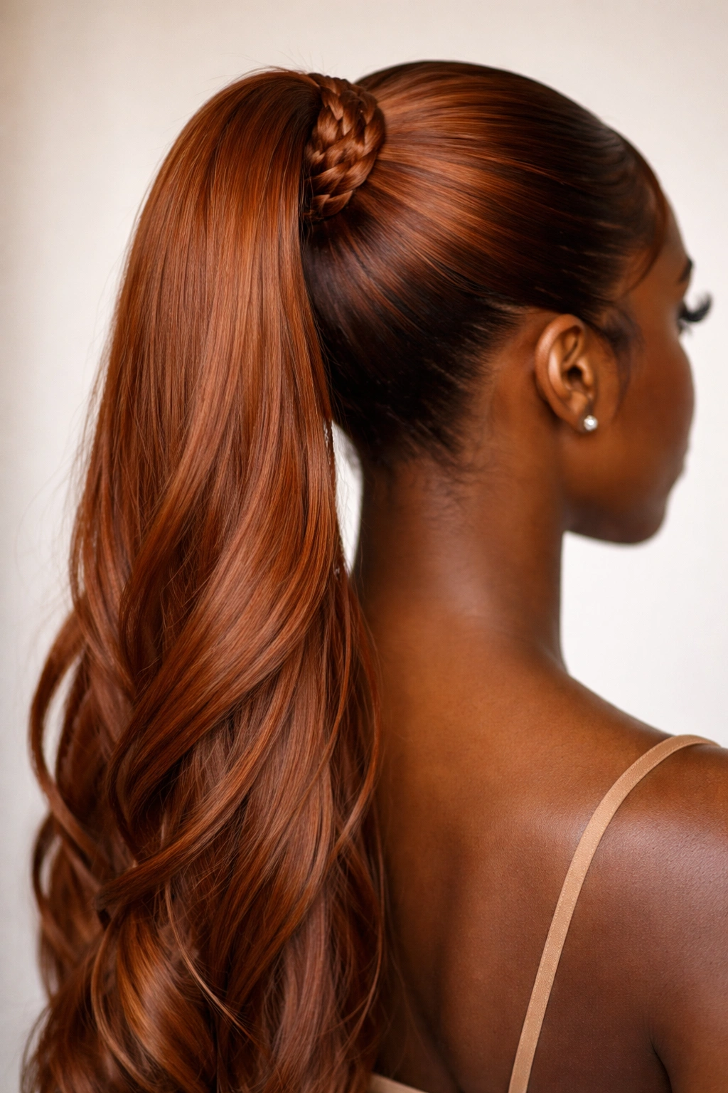 Close-up of a high ginger braided wrap ponytail with wrapped base braid