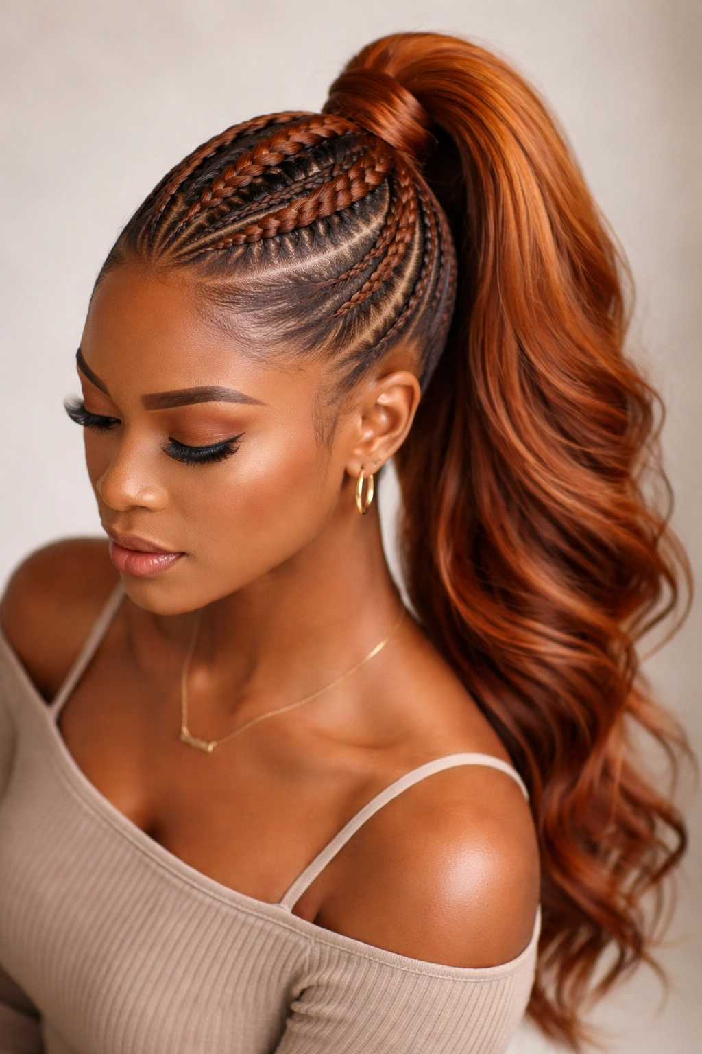 Close view of a ginger feed-in braid ending in a ponytail