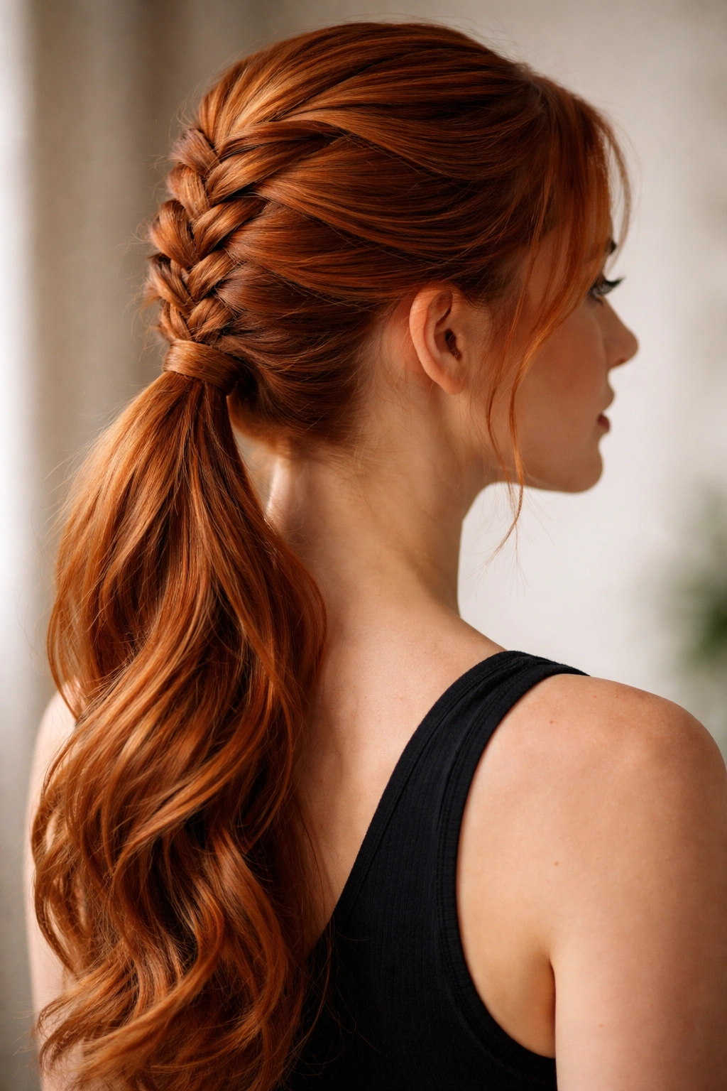 Close-up of a ginger-haired person with a French braid into a ponytail, highlighting copper and strawberry tones