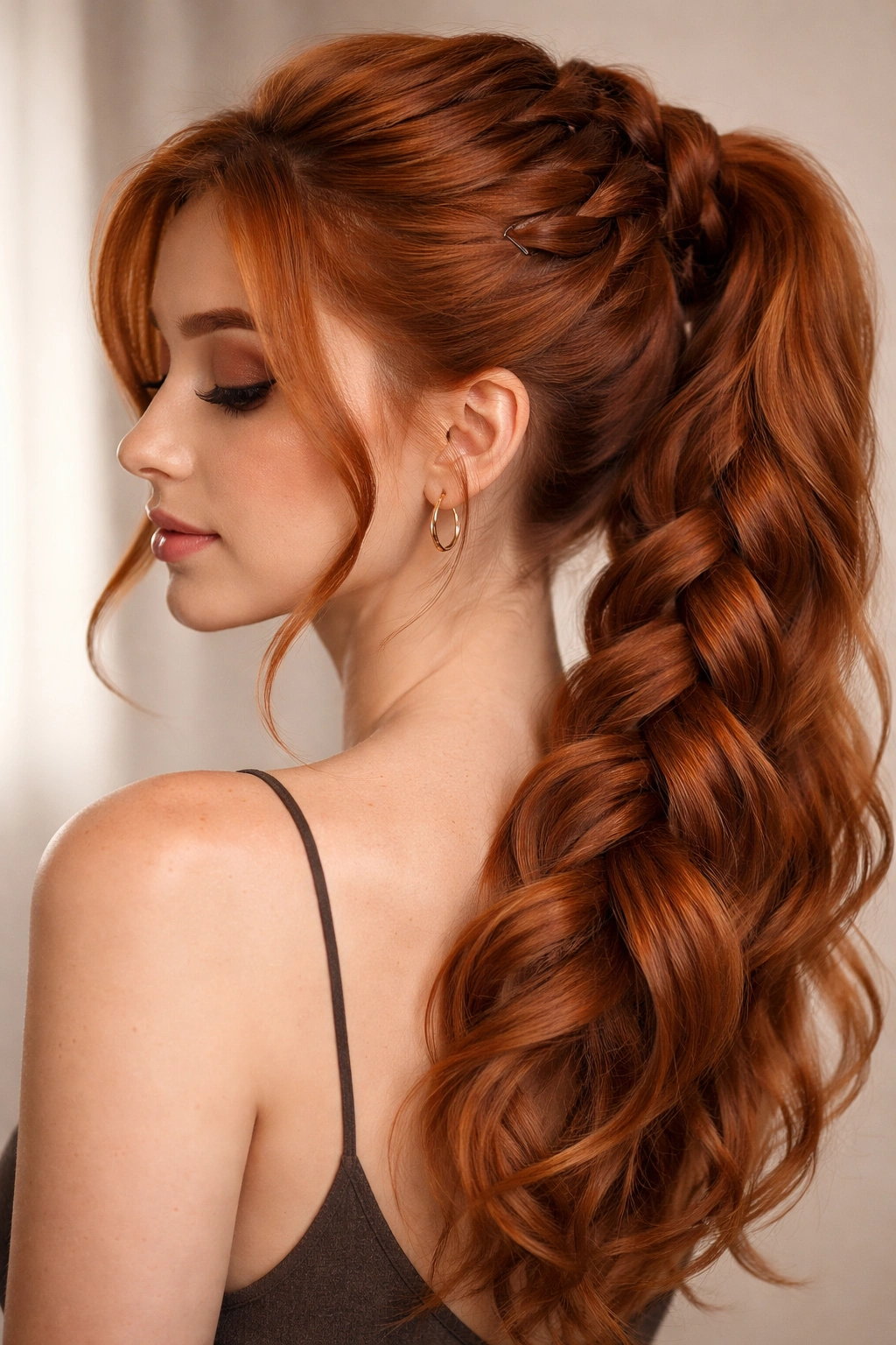 Close-up of a ginger braided ponytail with warm tones and textured braids in studio lighting