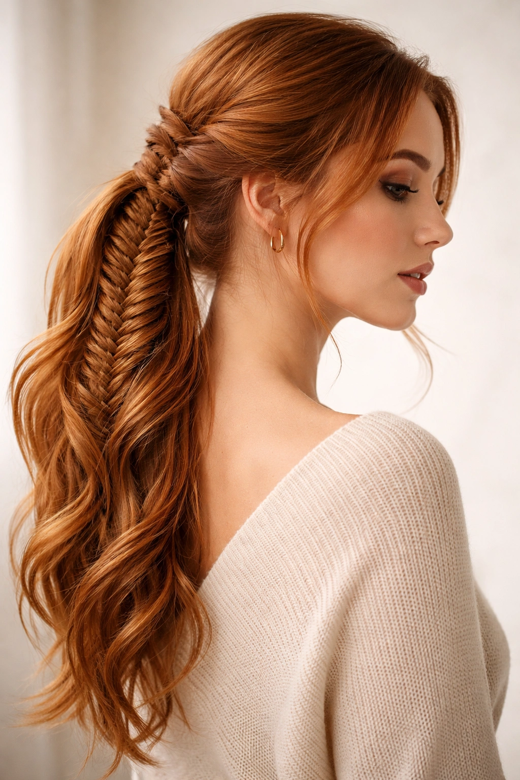 Ginger-haired person with a delicate fishtail braid forming a ponytail, showcasing warm ginger variations