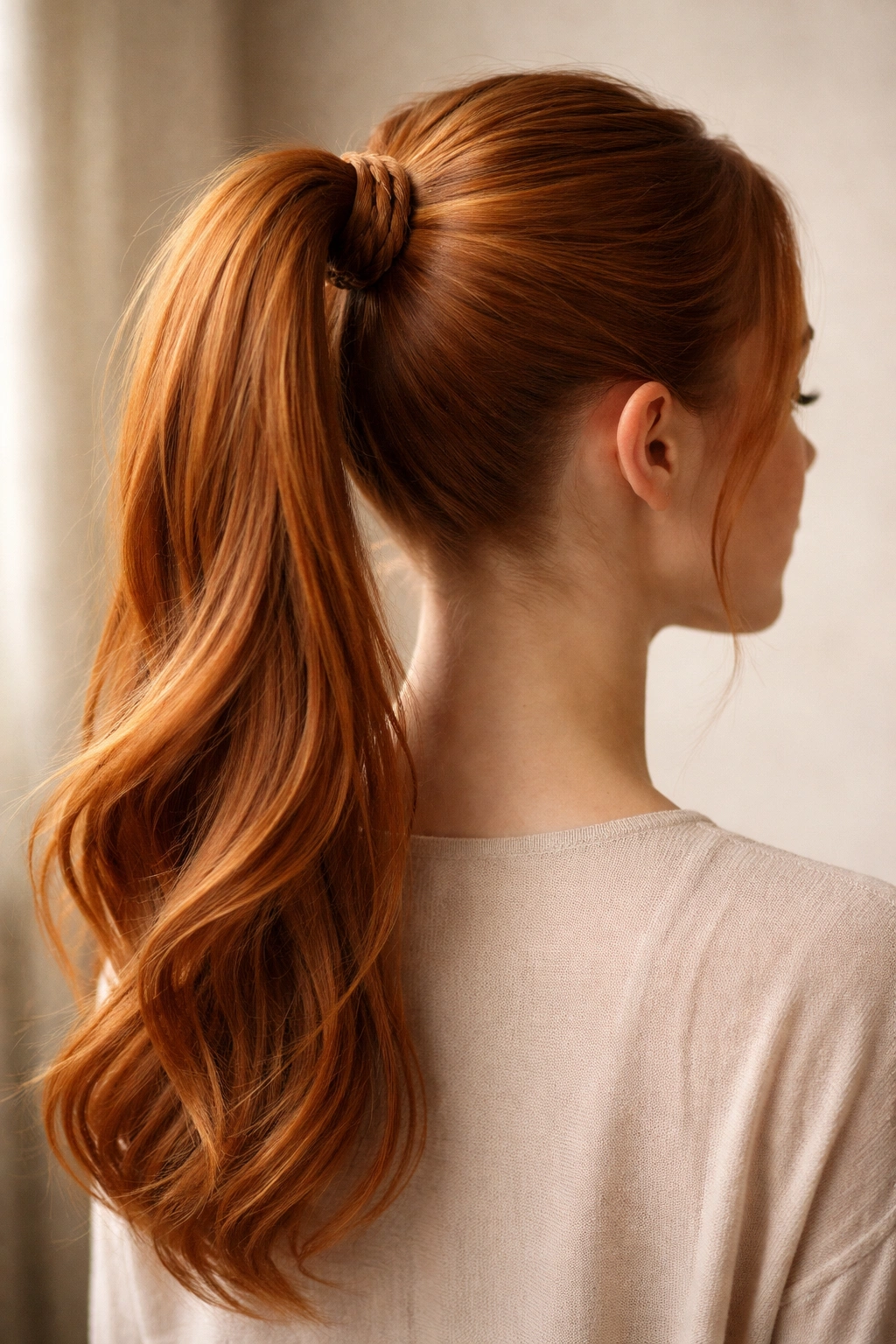 Back view of a ginger-haired person with a high ponytail and braided wrap