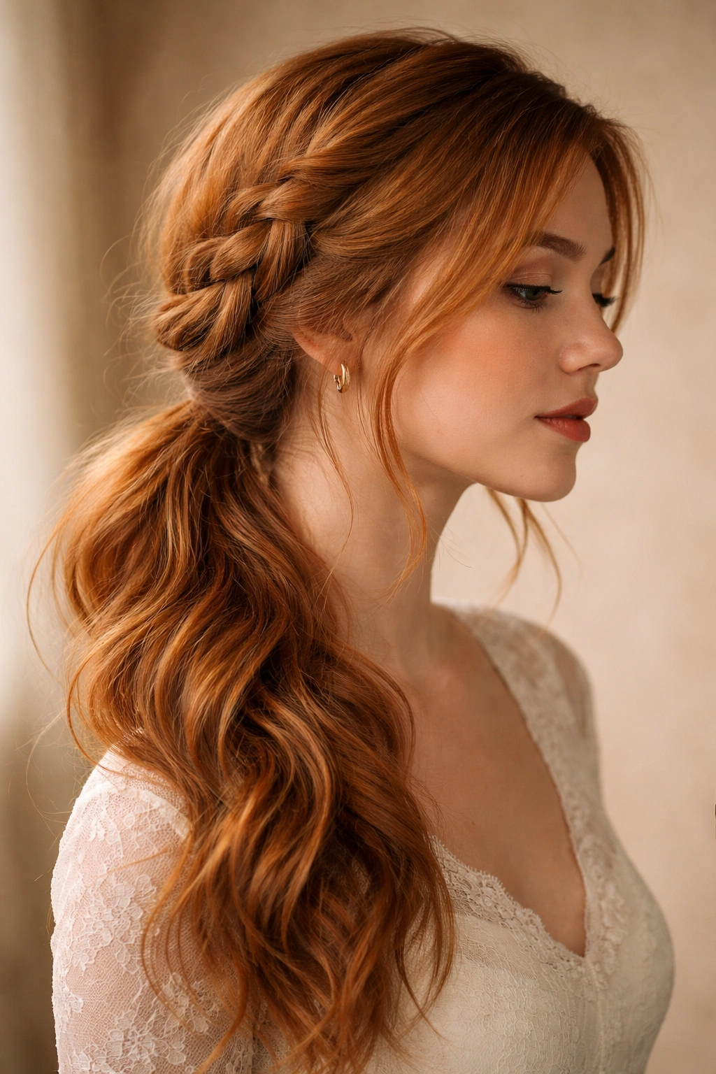 Side profile of a ginger-haired person with a loose side braid flowing into a ponytail