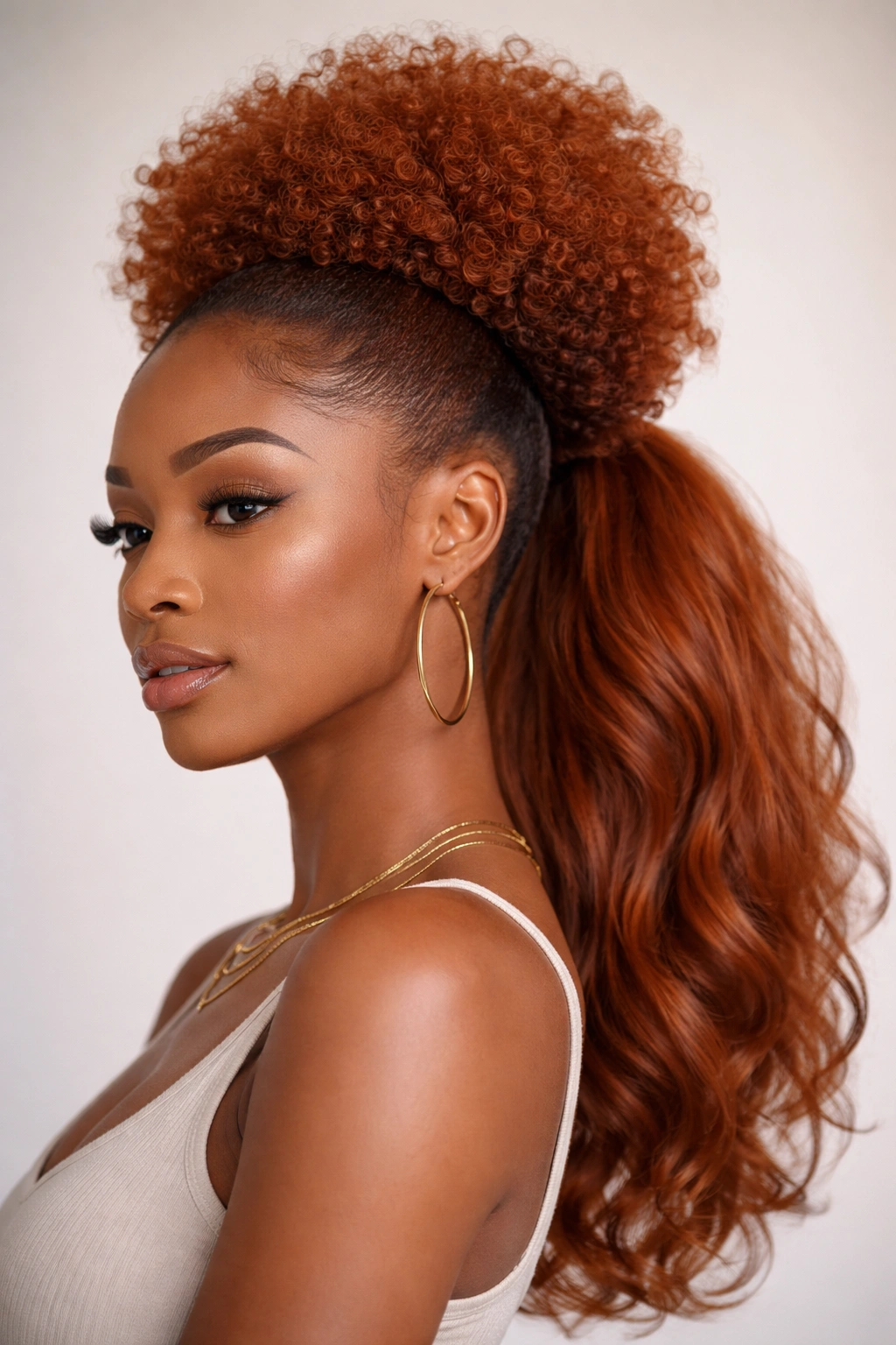 Portrait of a high ginger puff with tapered sides and flowing ponytail