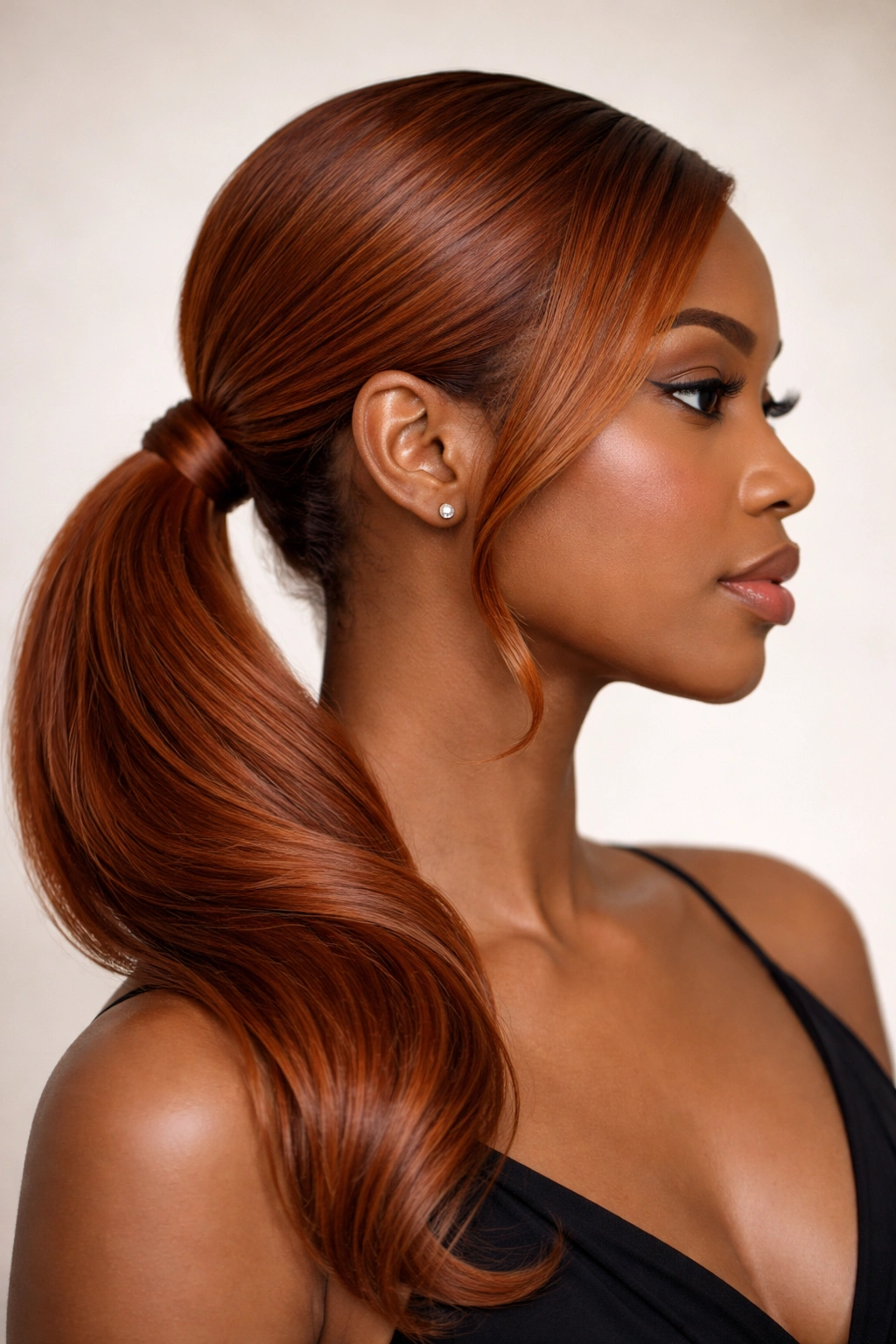 Profile view of a low side-swept ginger ponytail highlighting asymmetry