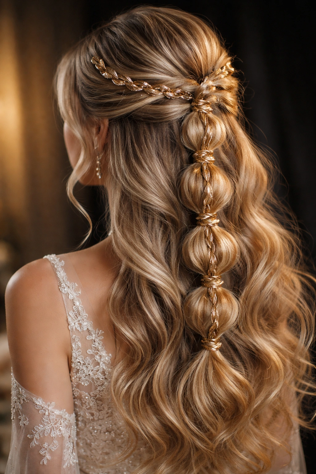Bubble braid with metallic twists weaving through twists, capturing light