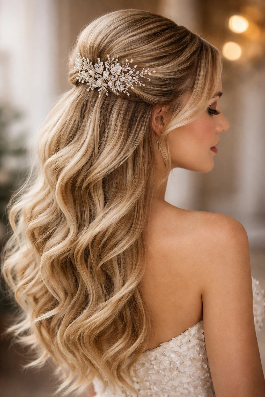 Glamorous half up hairstyle with a large decorative hair comb