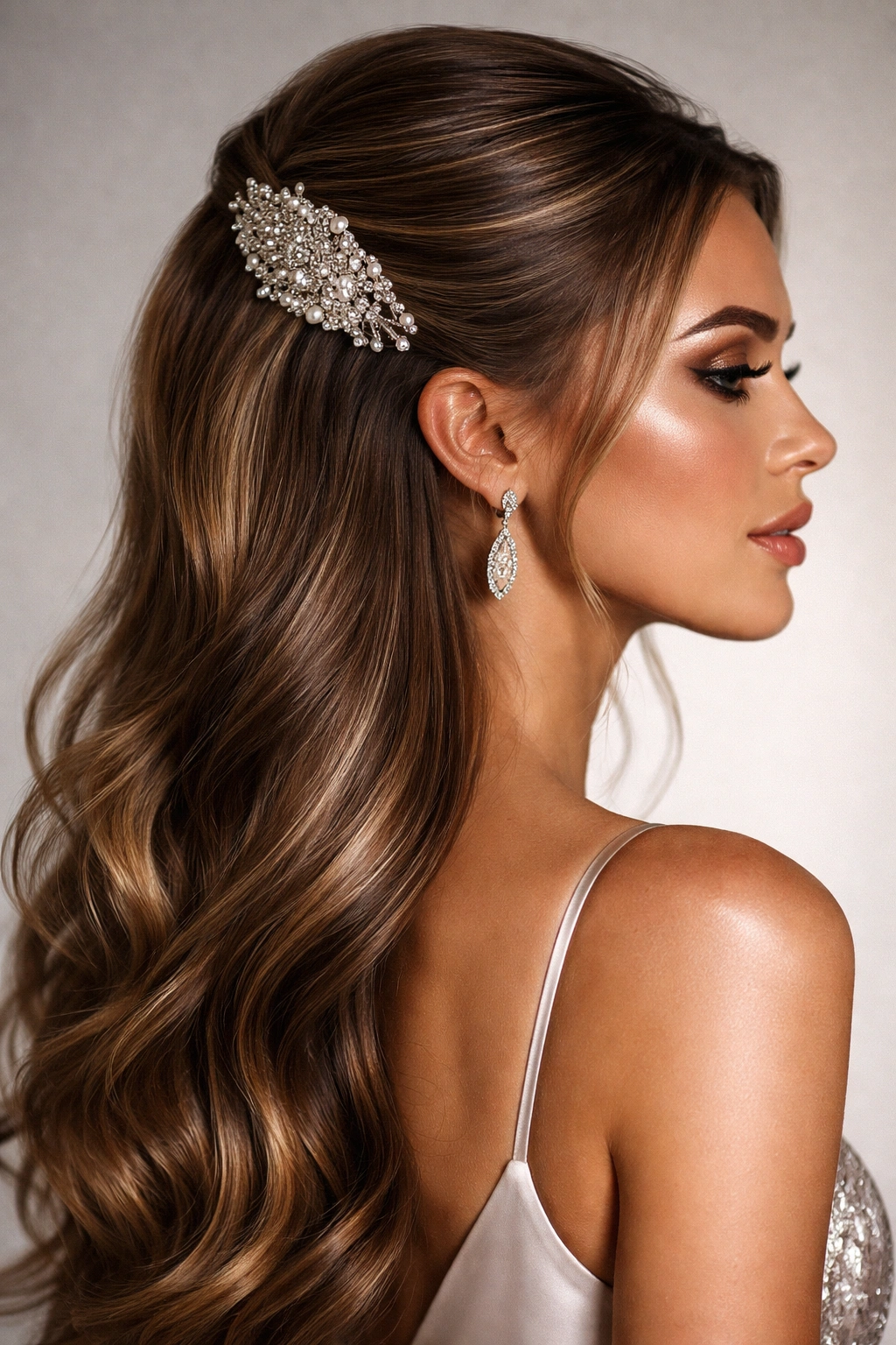 Side profile of glamorous half-up with a bold clip and glossy finish