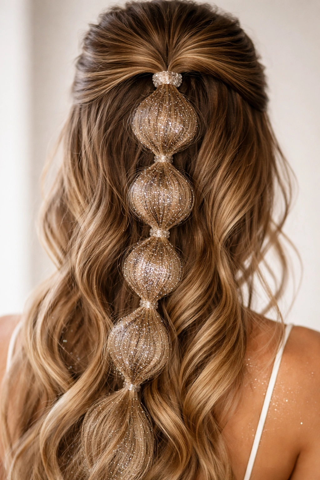 Glitter-coated bubble braid showing sparkle on textured bubbles