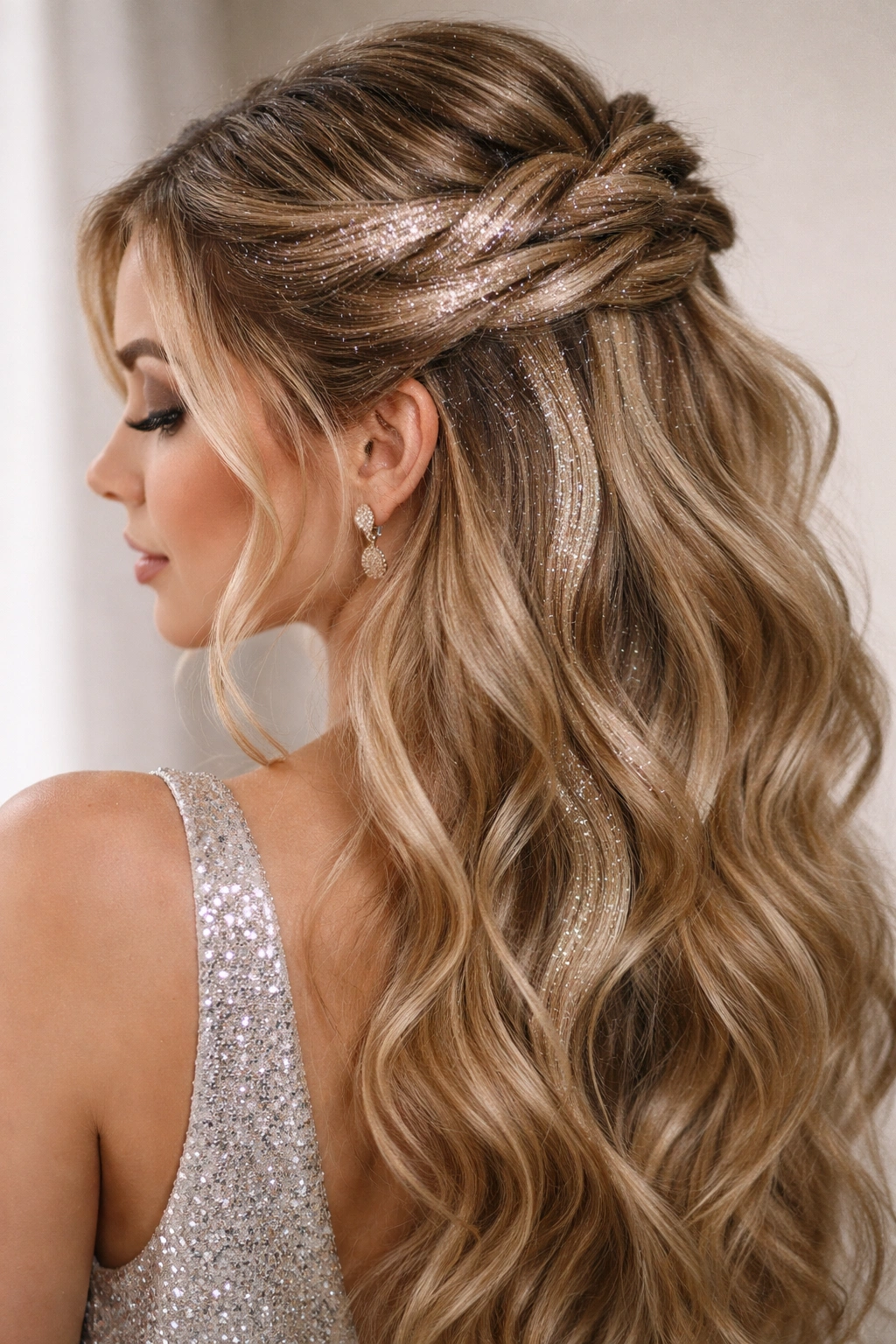 Twisted half-up hairstyle with cosmetic glitter catching light