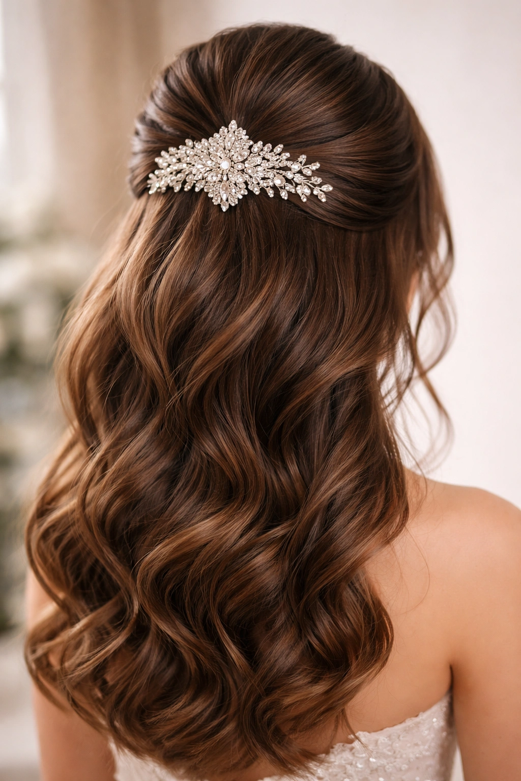 Half-up hairstyle with a large glittery hairpiece at the crown.