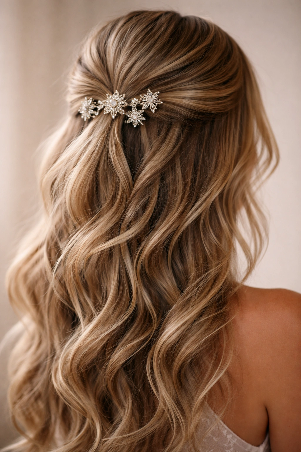 Half-up hairstyle with glittery pins and loose waves