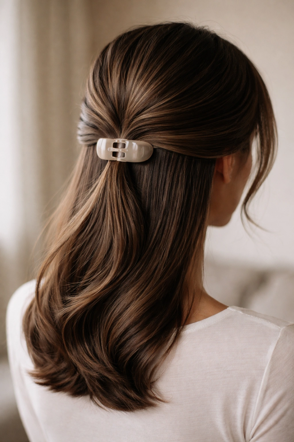 Glossy low-clip hairstyle with sleek shine and minimal claw clip
