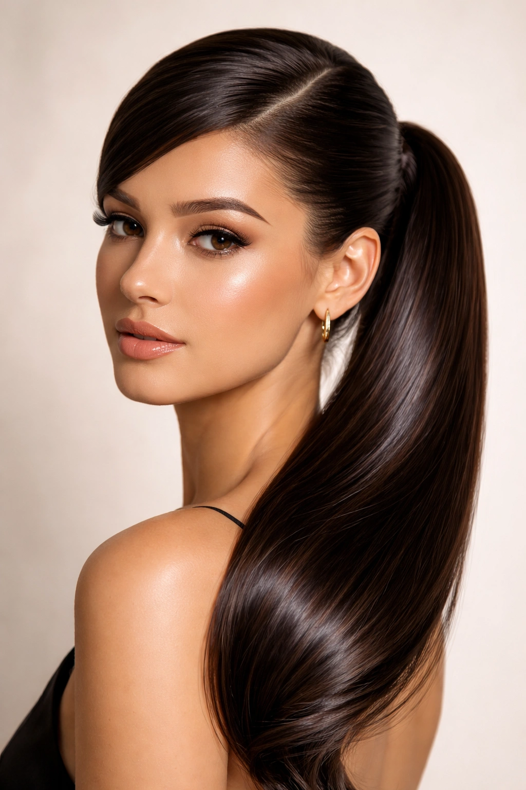 Glossy sleek side ponytail with intense shine