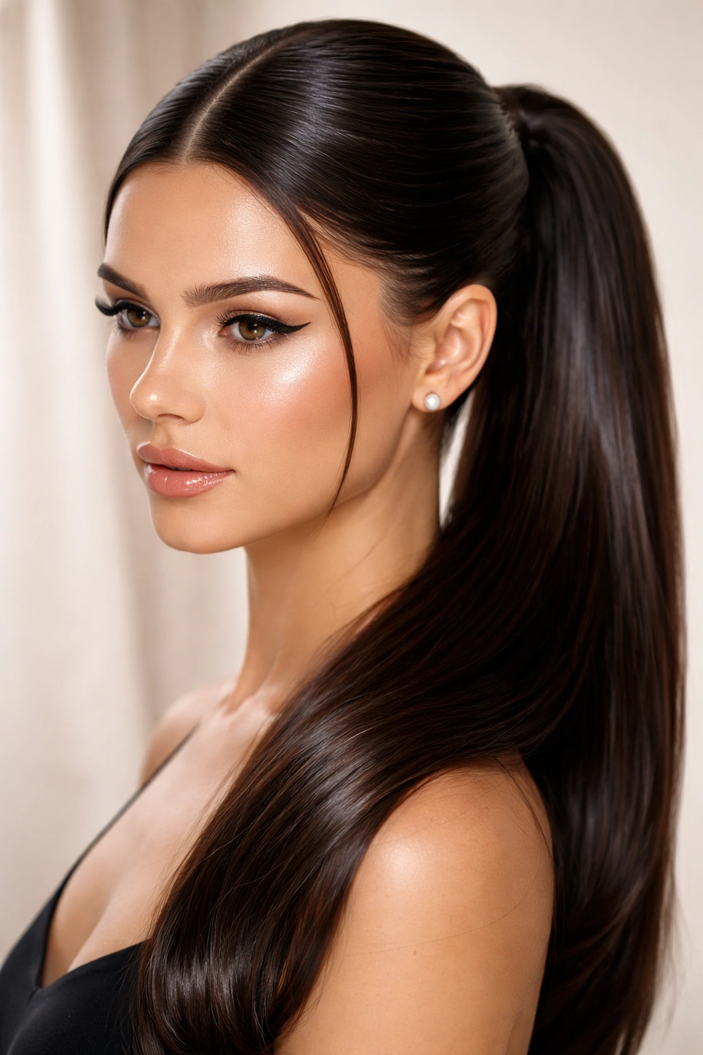 Front view of a middle-part ponytail with intense glossy shine