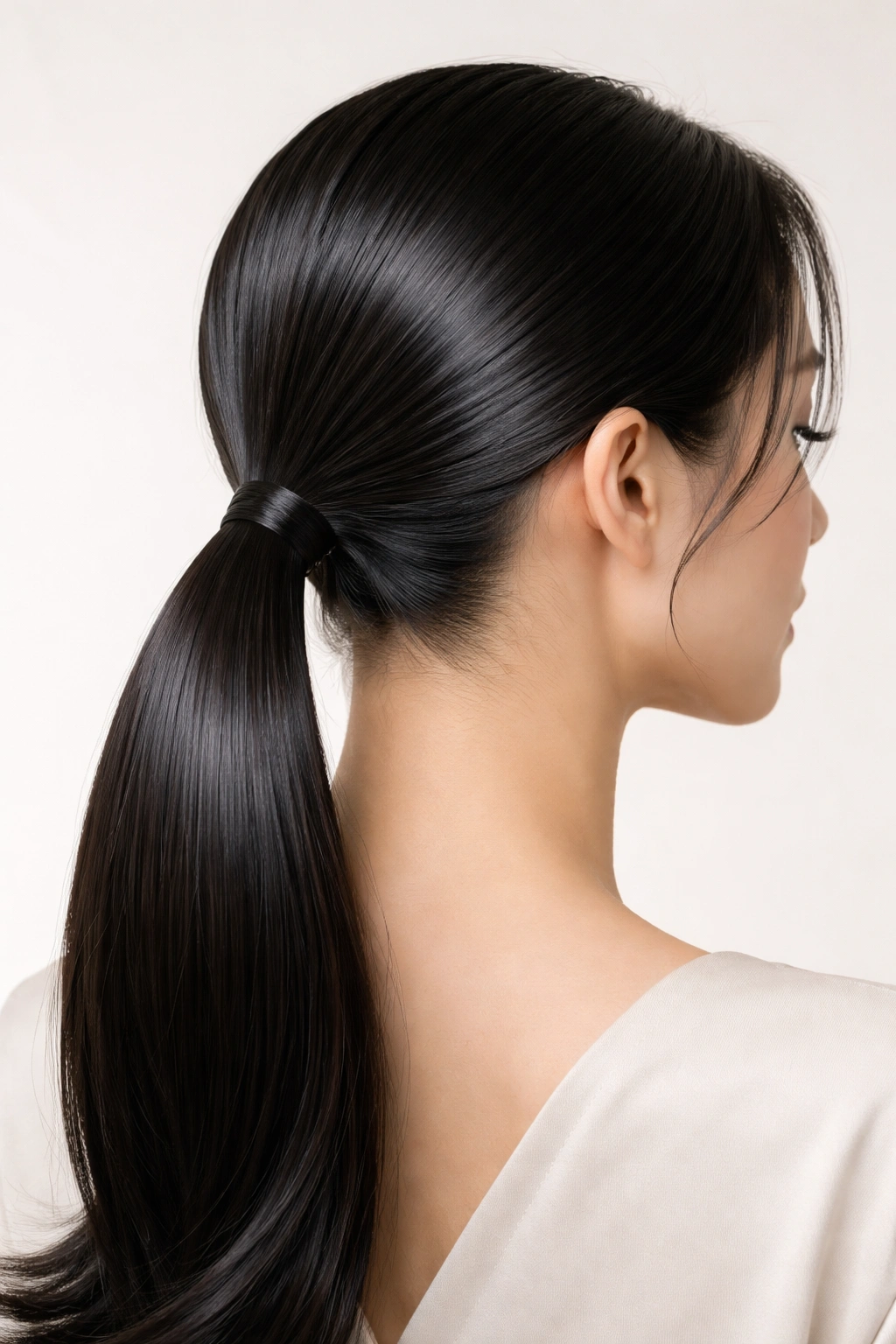 Close-up of a glossy sleek low ponytail at the nape with mirror-like shine