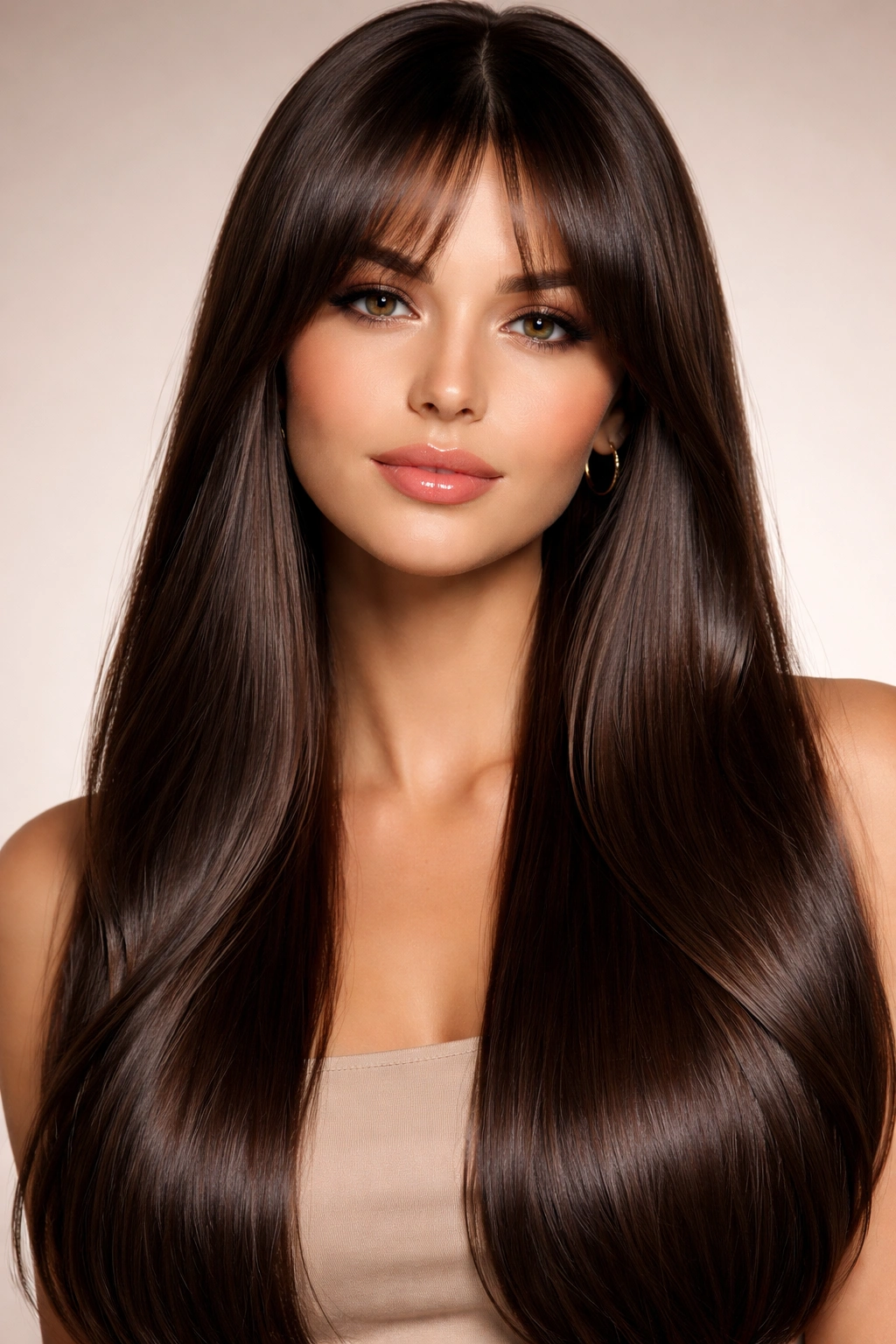 Long straight hair with glossy finish and soft curtain bangs framing the face