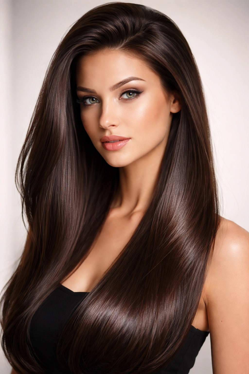 Head-and-shoulders portrait of glossy straight hair with volume