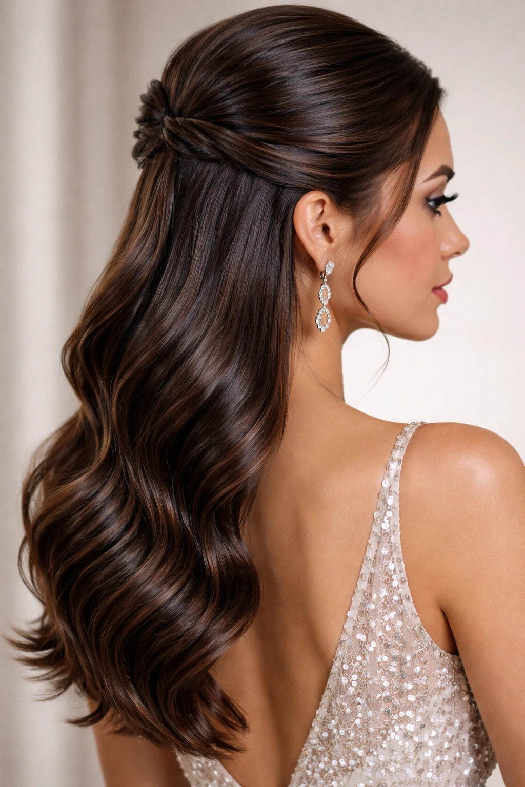 Glossy high-hold twisted half up with wet-look shine and precise twists.