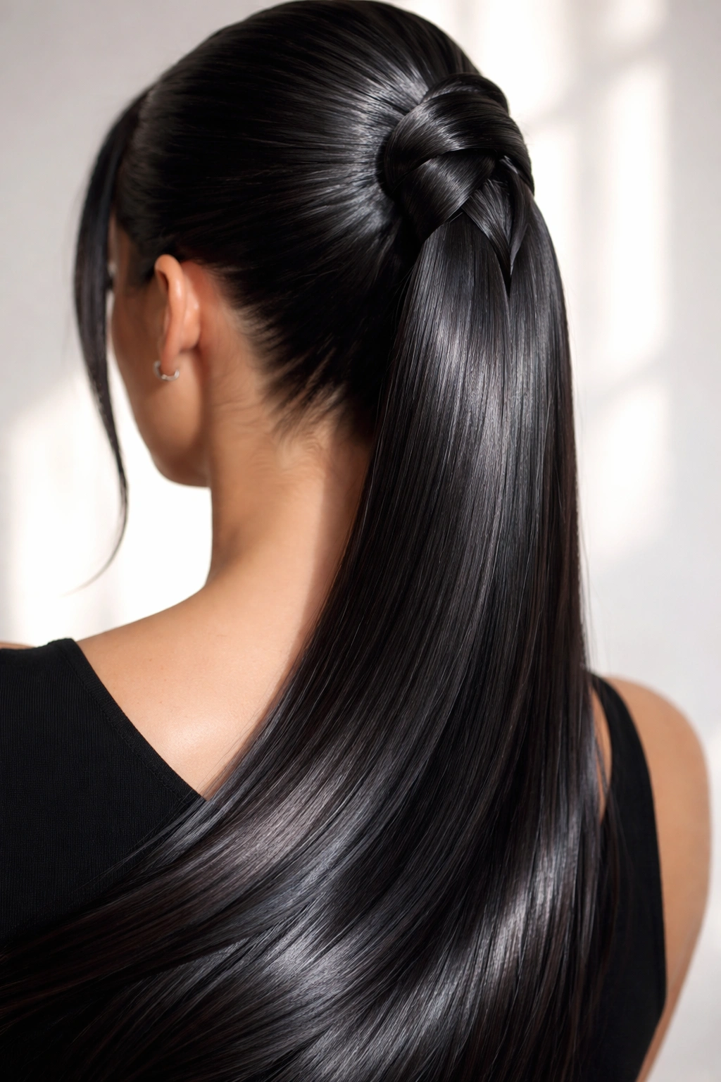 Glossy double weave ponytail with seamless shine and wrap