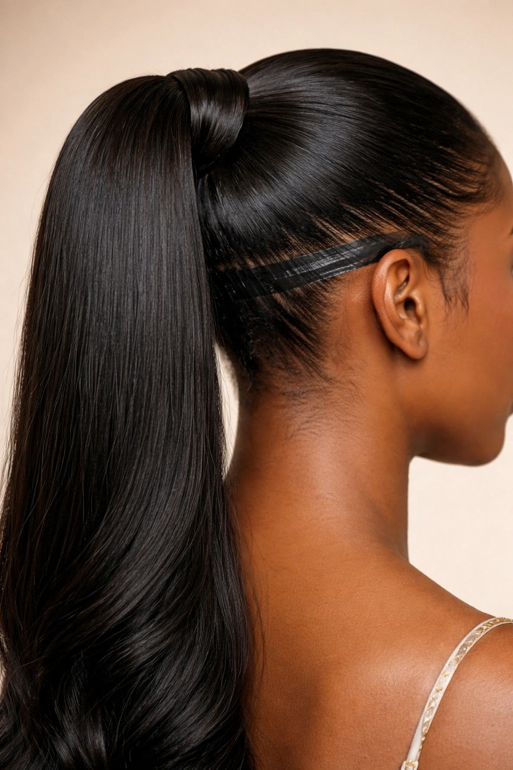 Close-up of a glue-in ponytail attachment bonded to the scalp