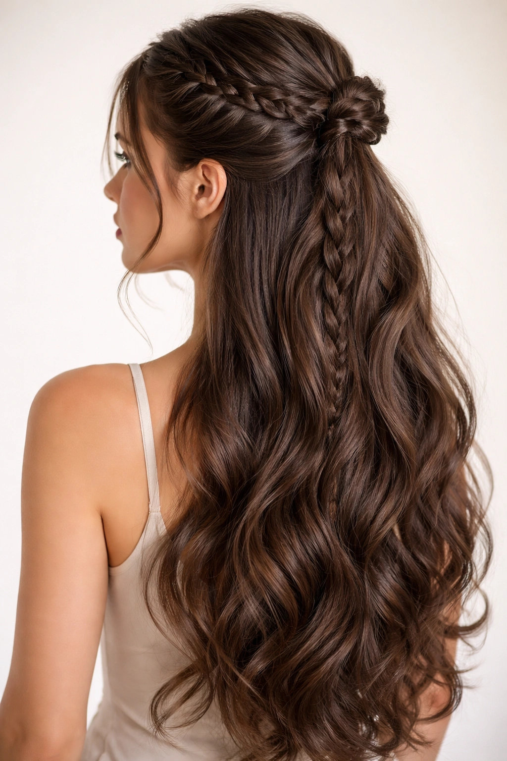 Goddess braids pinned to crown with loose hair flowing