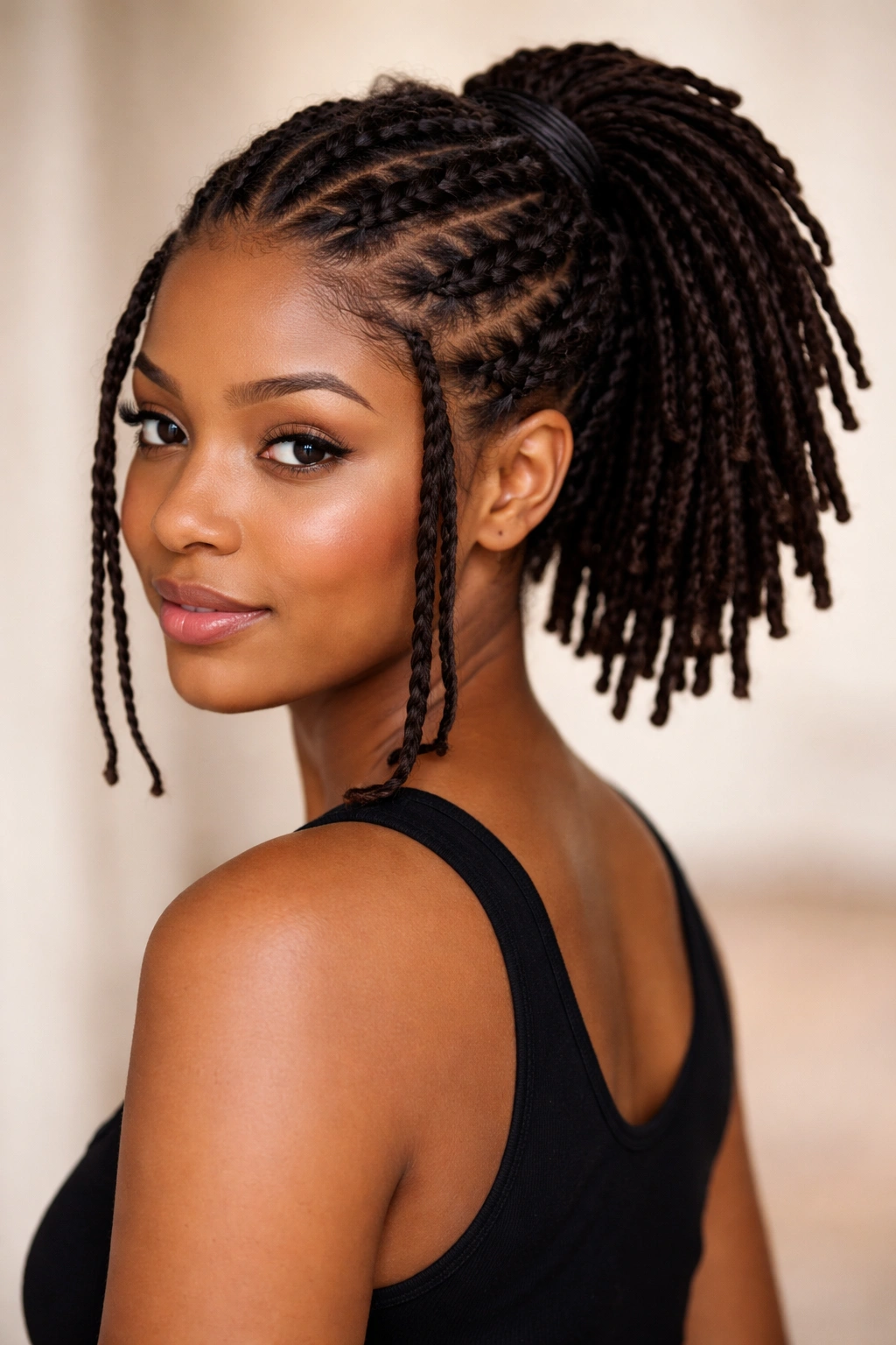 Front goddess braids framing the face leading into a ponytail on short locs