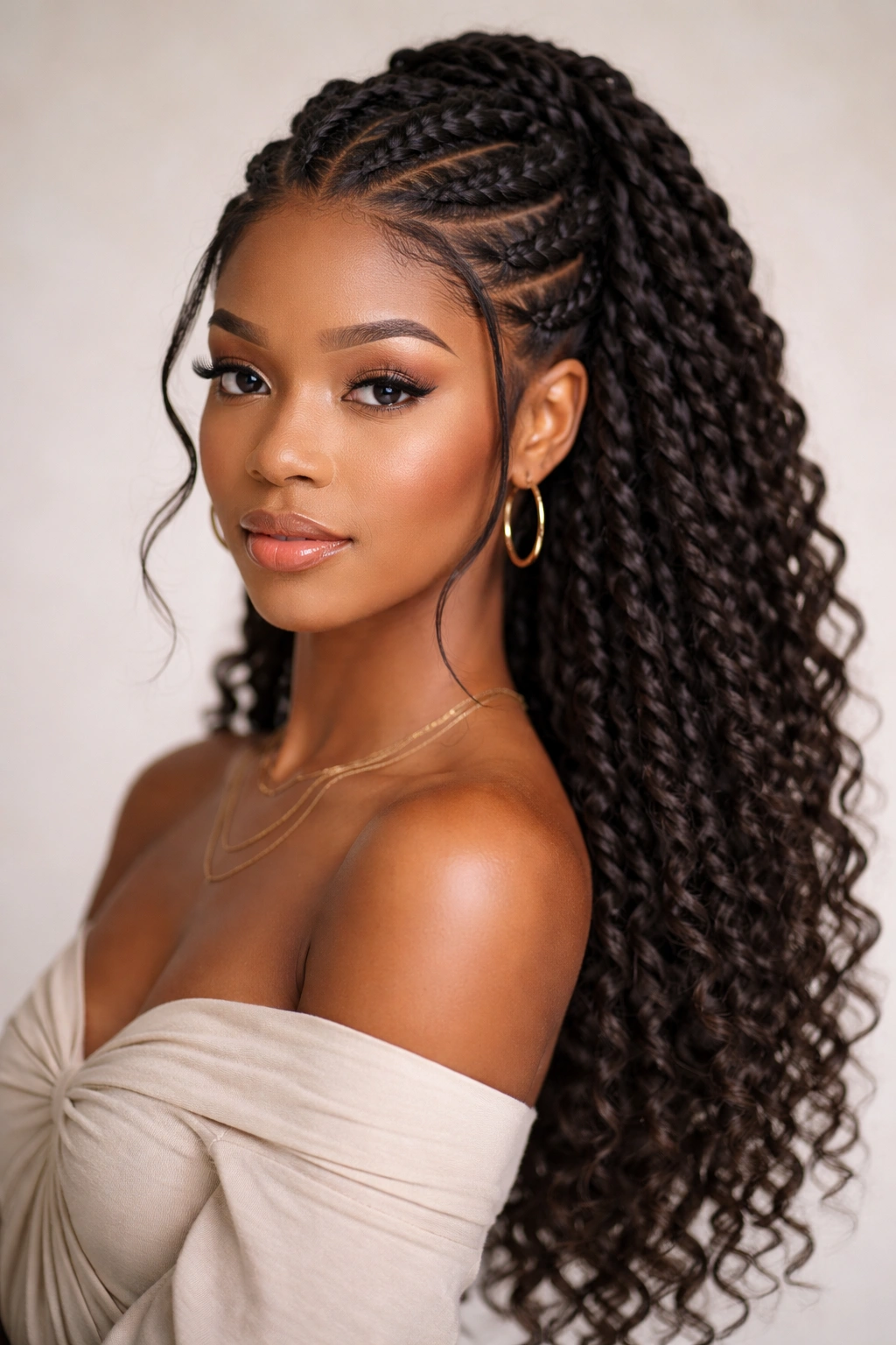 Goddess braid twist hybrid hairstyle with sculpted twists and flowing sides