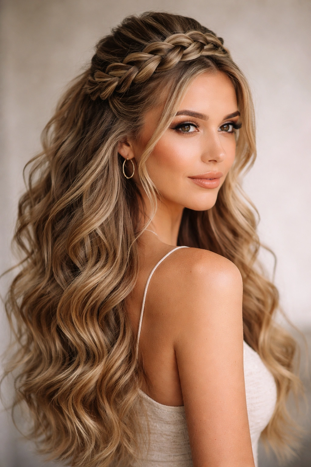 Head-and-shoulders portrait showing a thick goddess braid atop defined waves