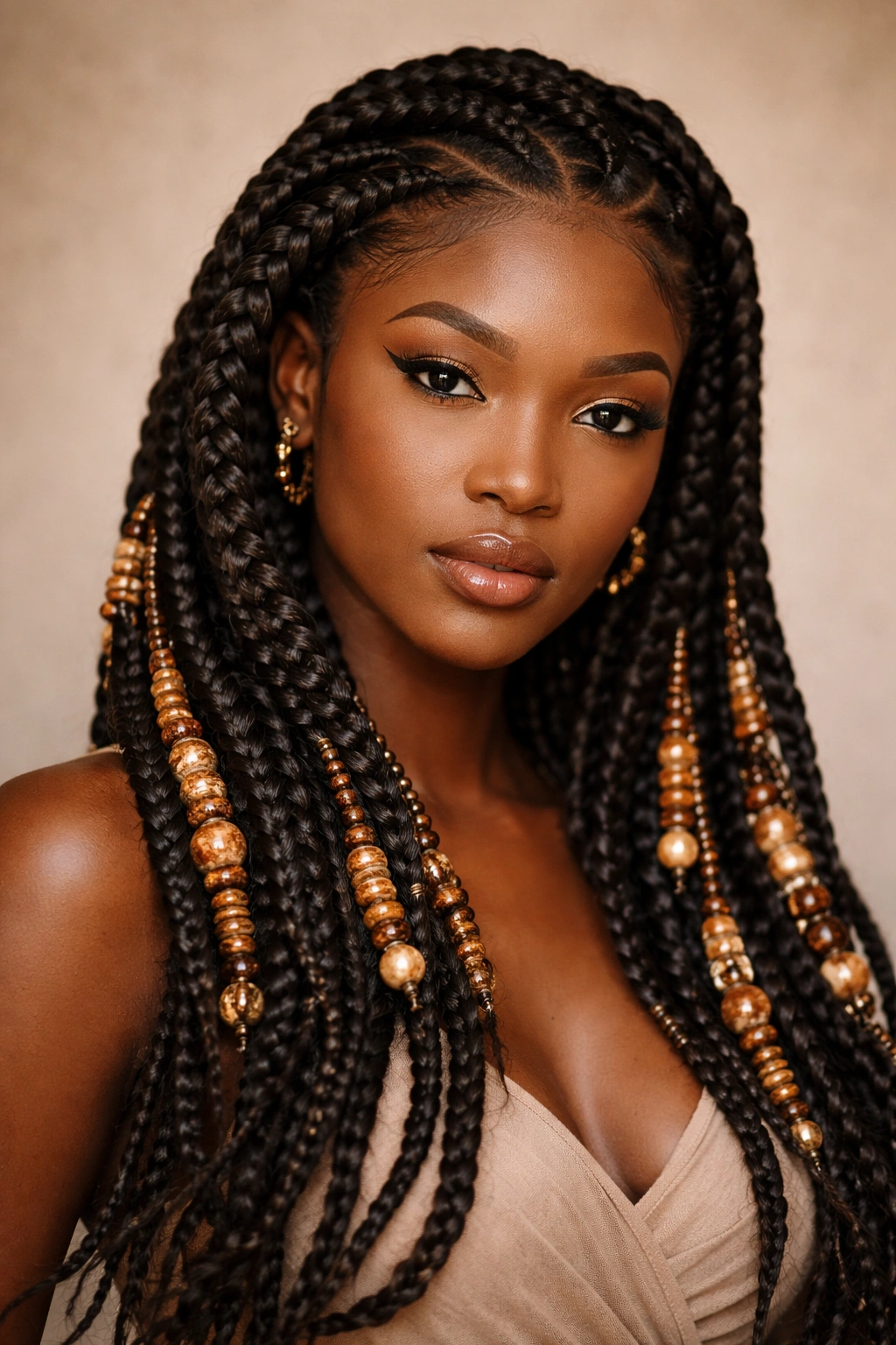 Close-up of thick goddess braids with beads on a model's head
