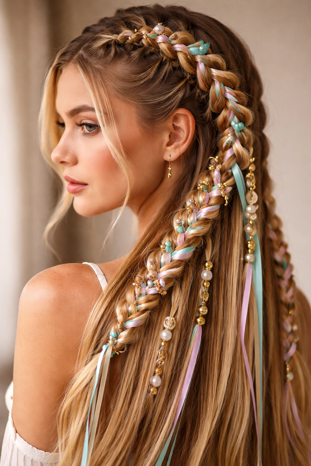 Goddess braid woven with beads and ribbons on straight hair in studio