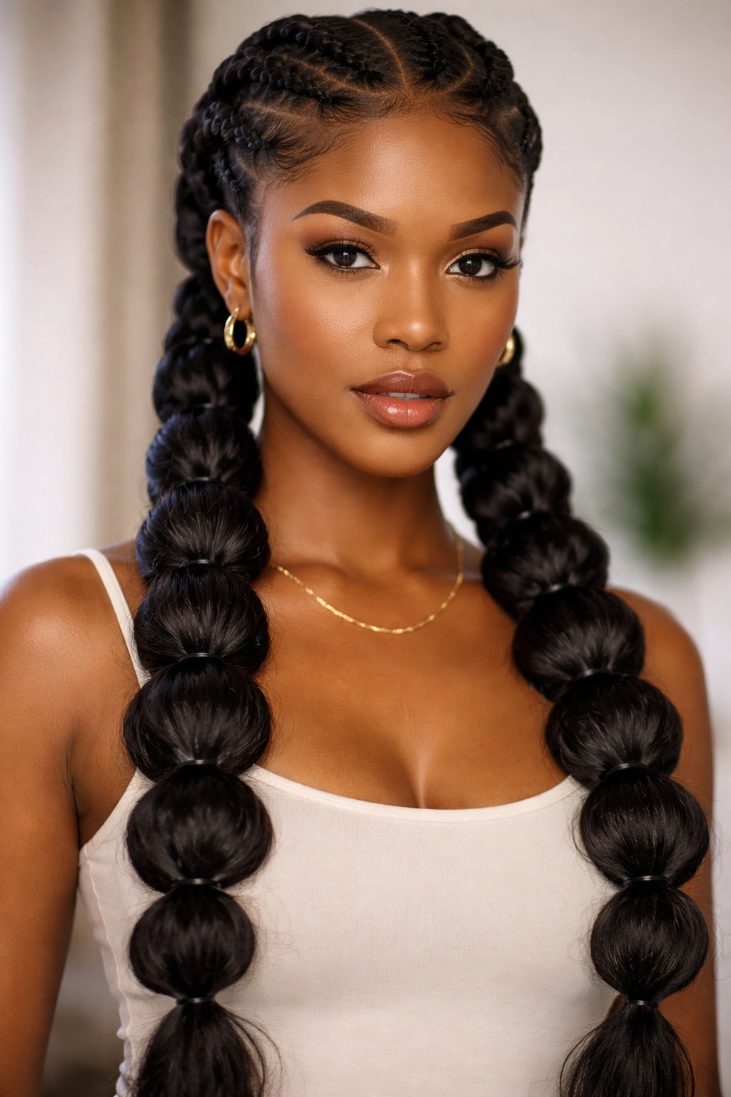 Goddess braids with bubble sections creating poufs along the hair