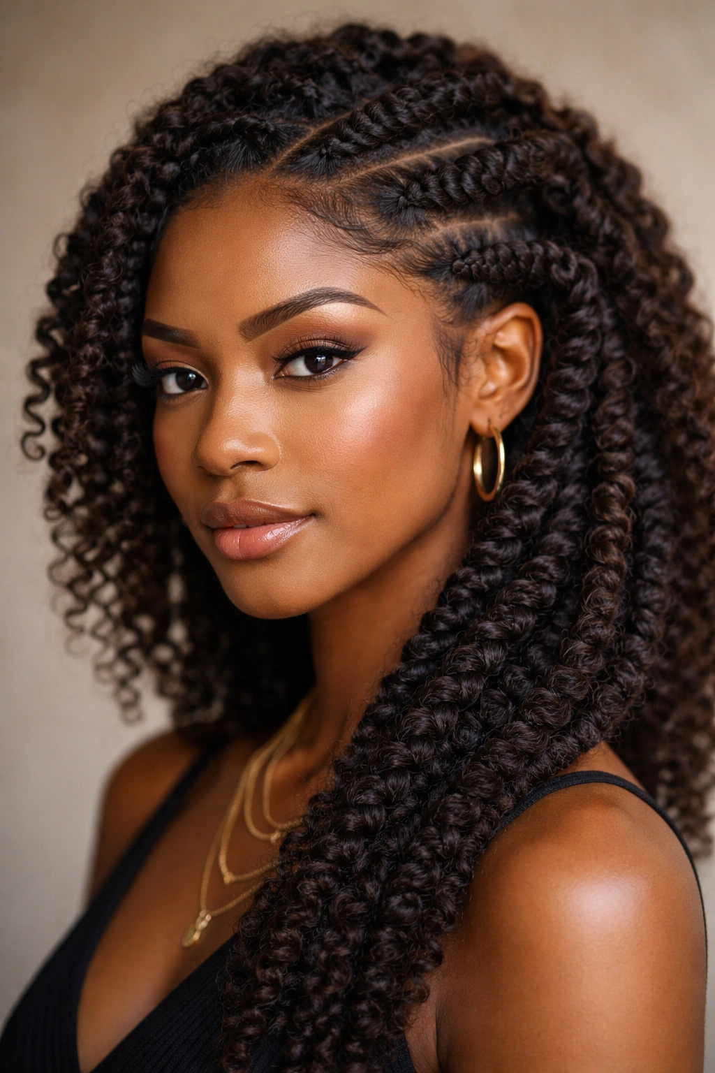 Close-up of goddess braids encircling the head with visible coil texture at the roots