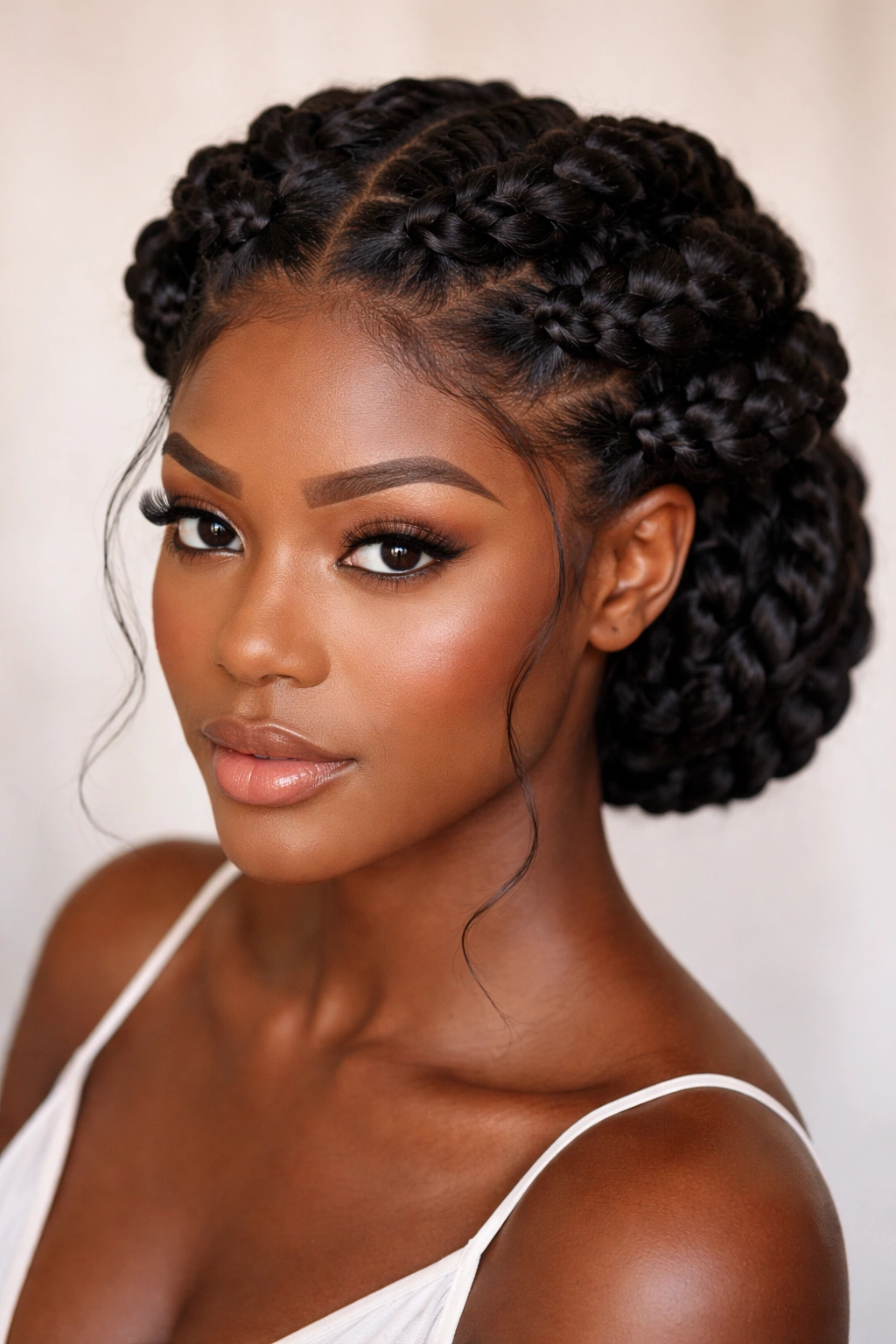 Close-up of goddess braids styled in a crown around the head.