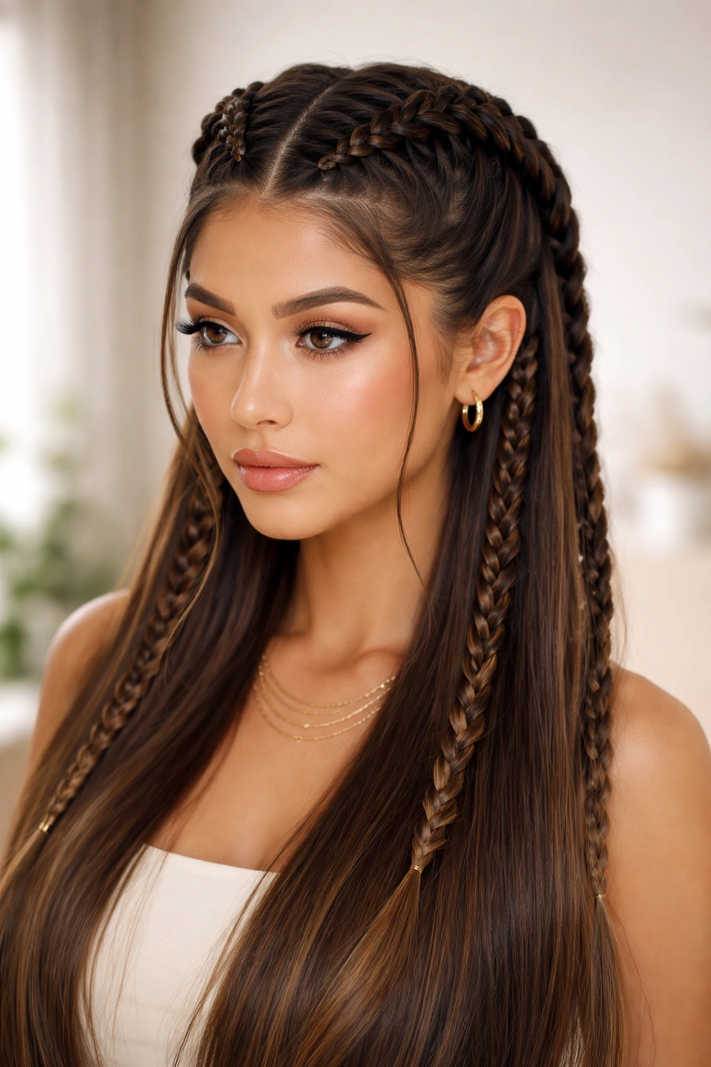 Polished goddess braid styling on straight hair in studio