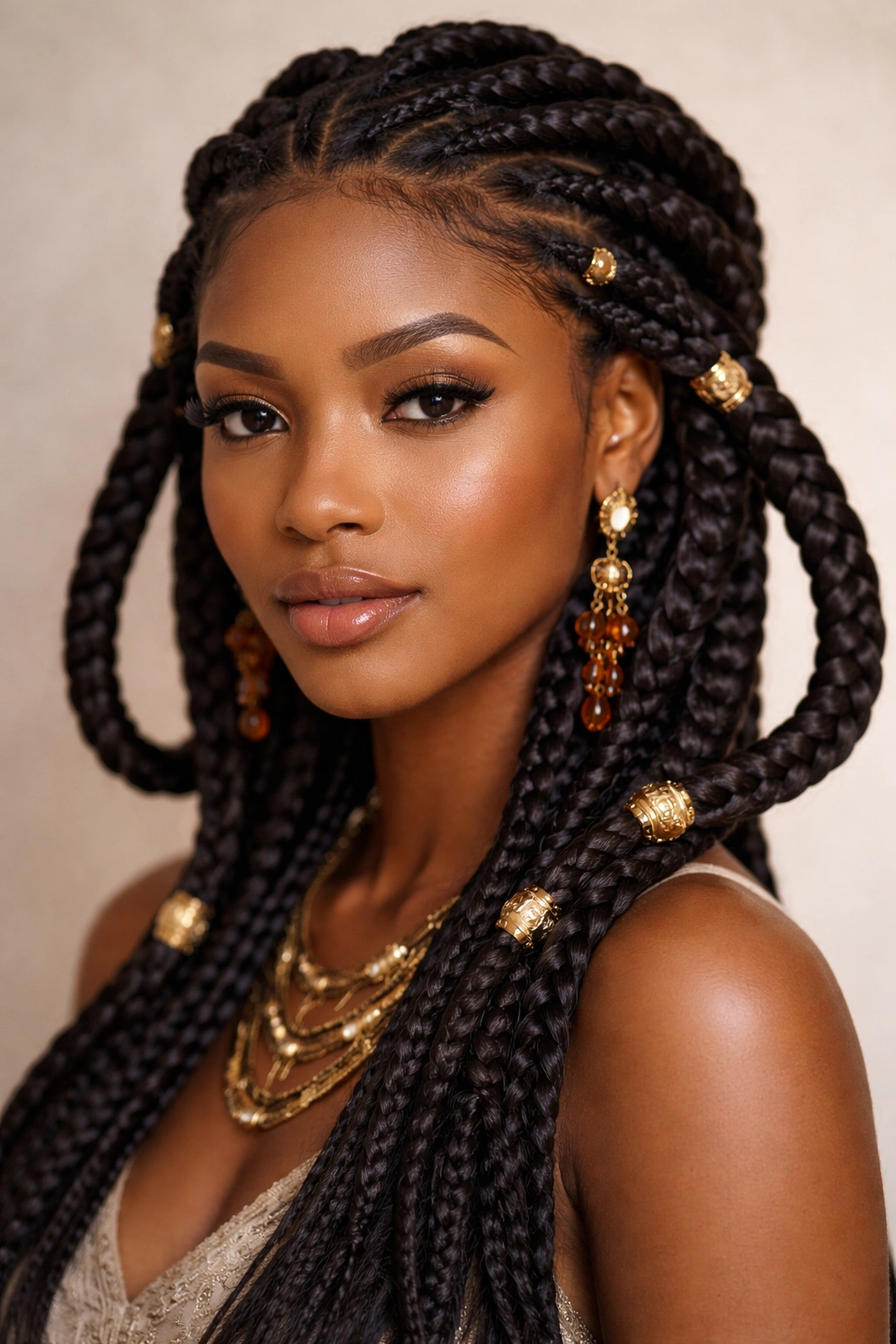 Goddess braids with large loose sections framing the head in a studio portrait