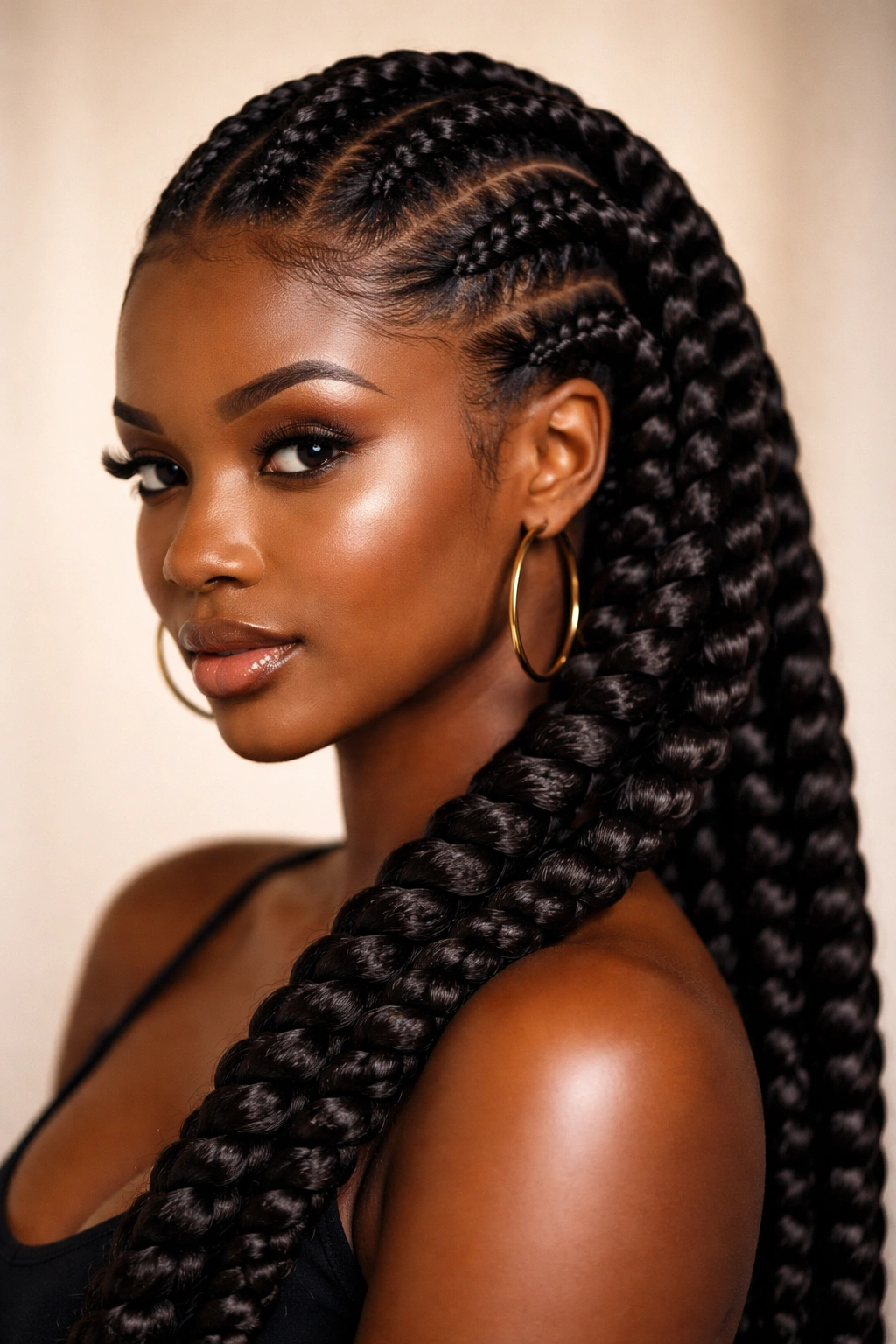Goddess braids with thick glossy extensions on 4C hair