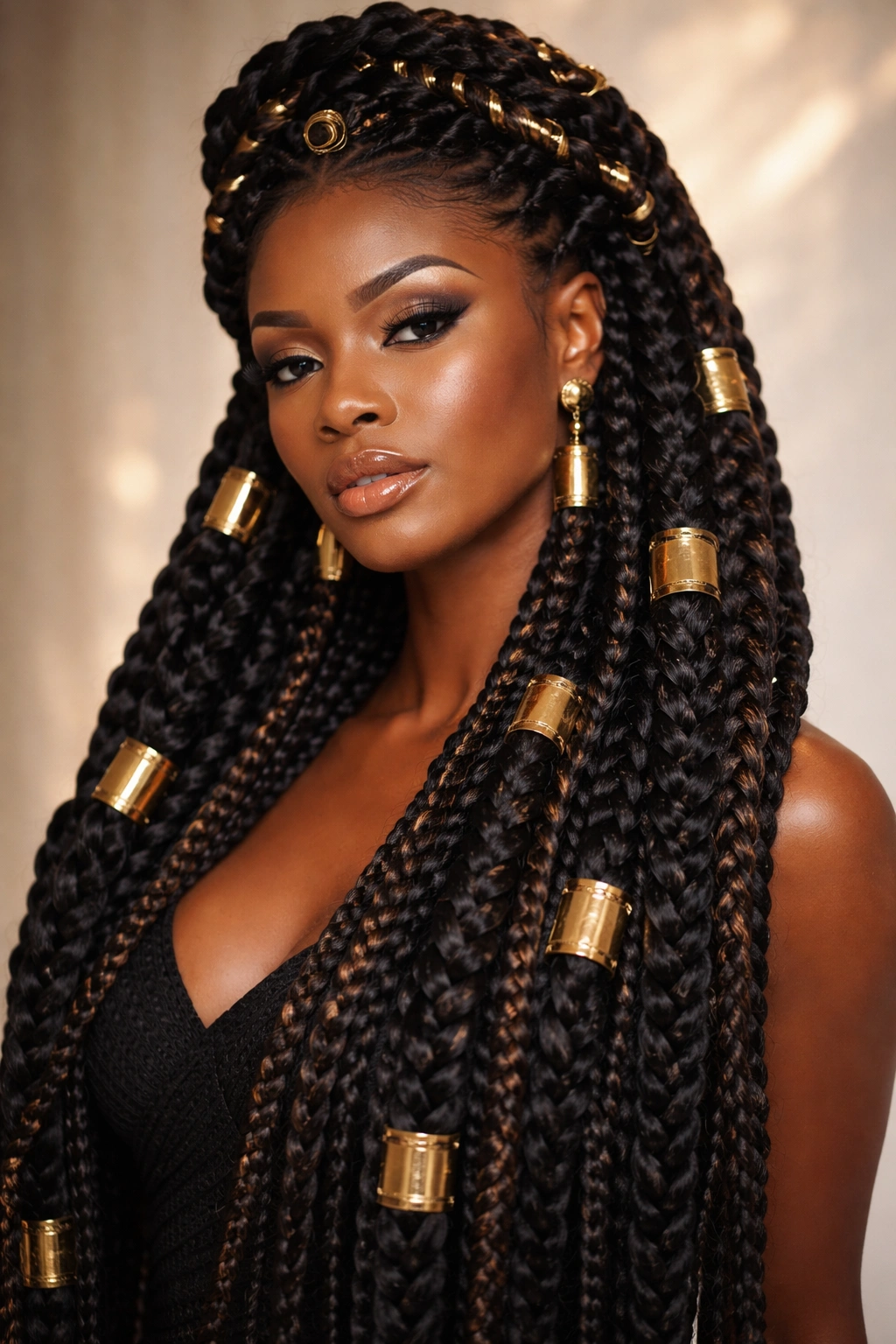 Portrait of midnight goddess braids with gold cuffs and crown twists