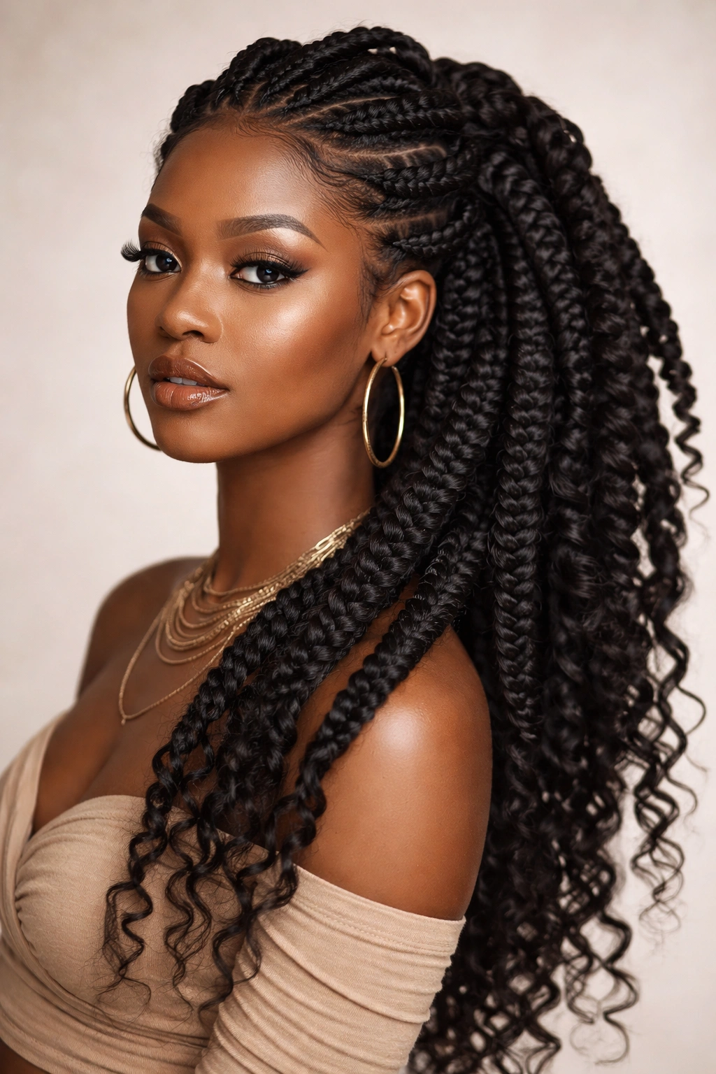 Voluminous goddess braids with thick strands
