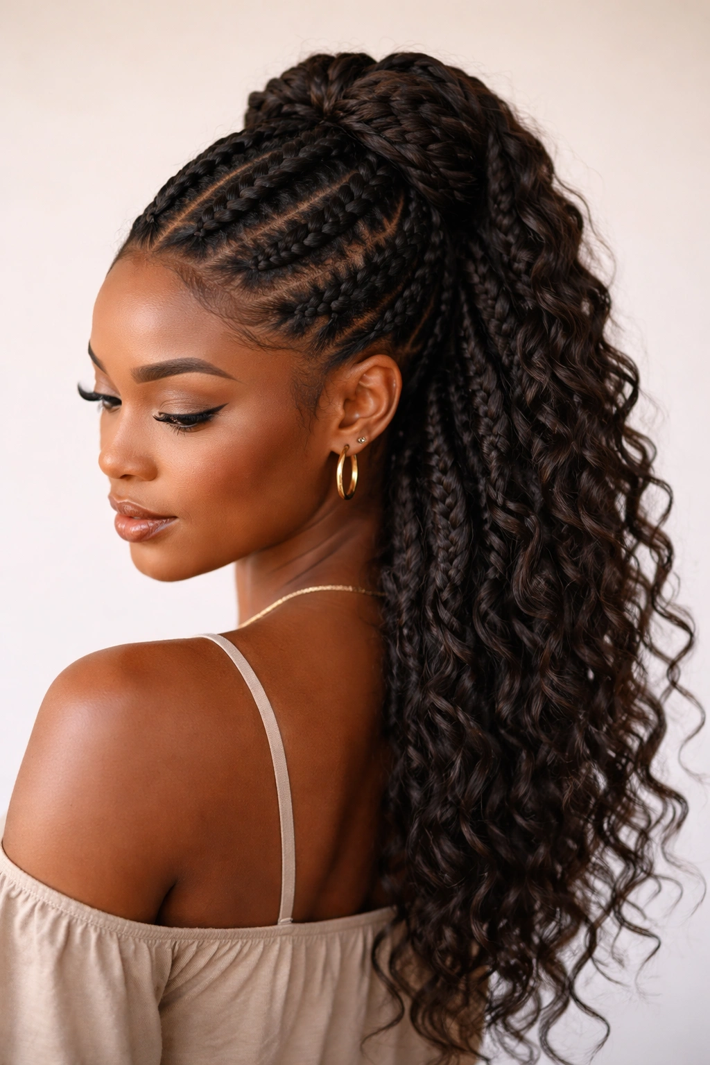 Two thick goddess braids in a half-up style at the crown