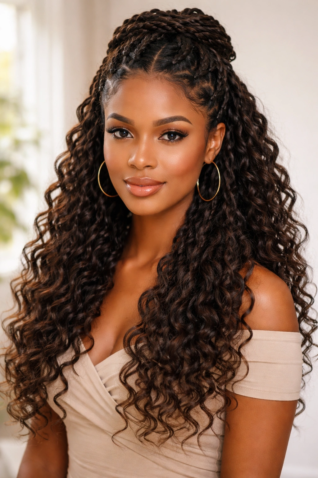 Goddess braids half-up loose with curls.