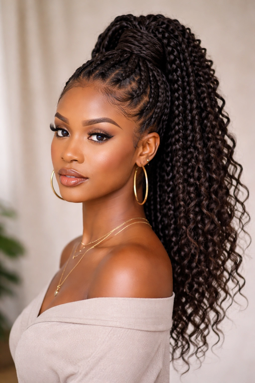 Goddess braids high ponytail with wrapped base, bold regal protective hairstyle