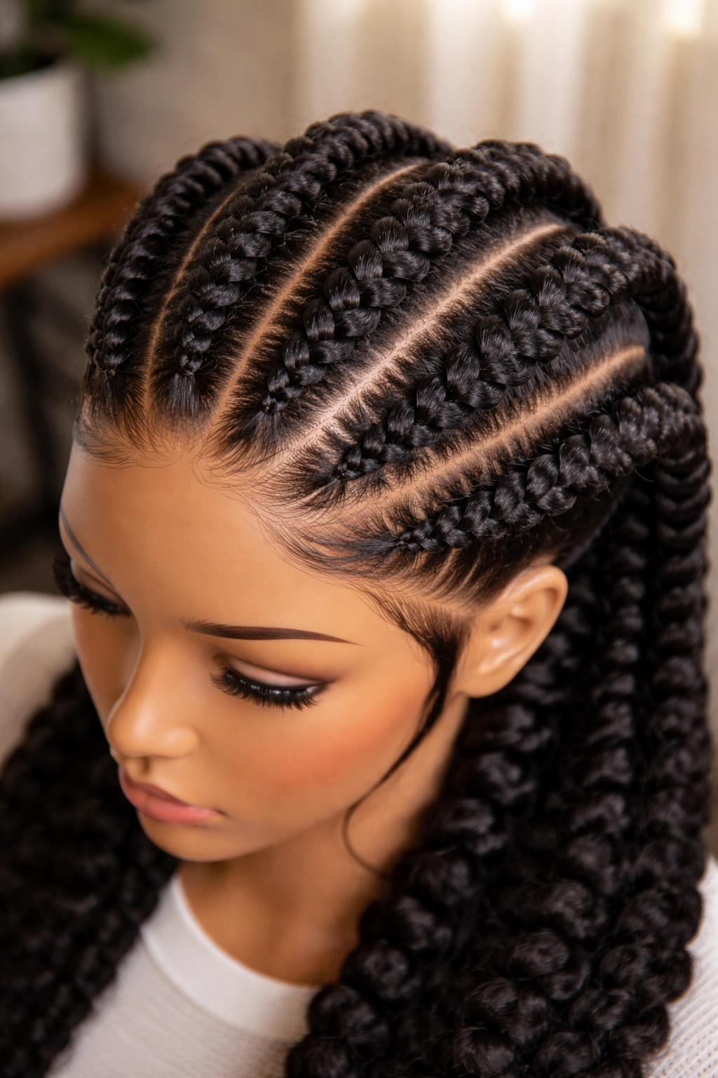 Goddess braids with large feed-in sections forming thick, dramatic braids.