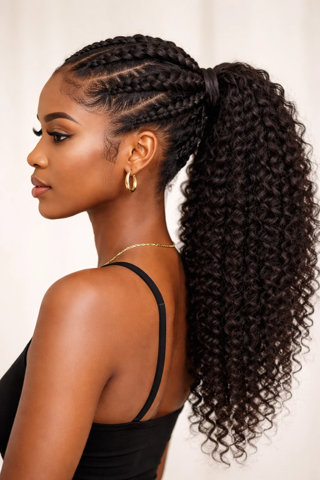 Goddess braids framing head into a ponytail.