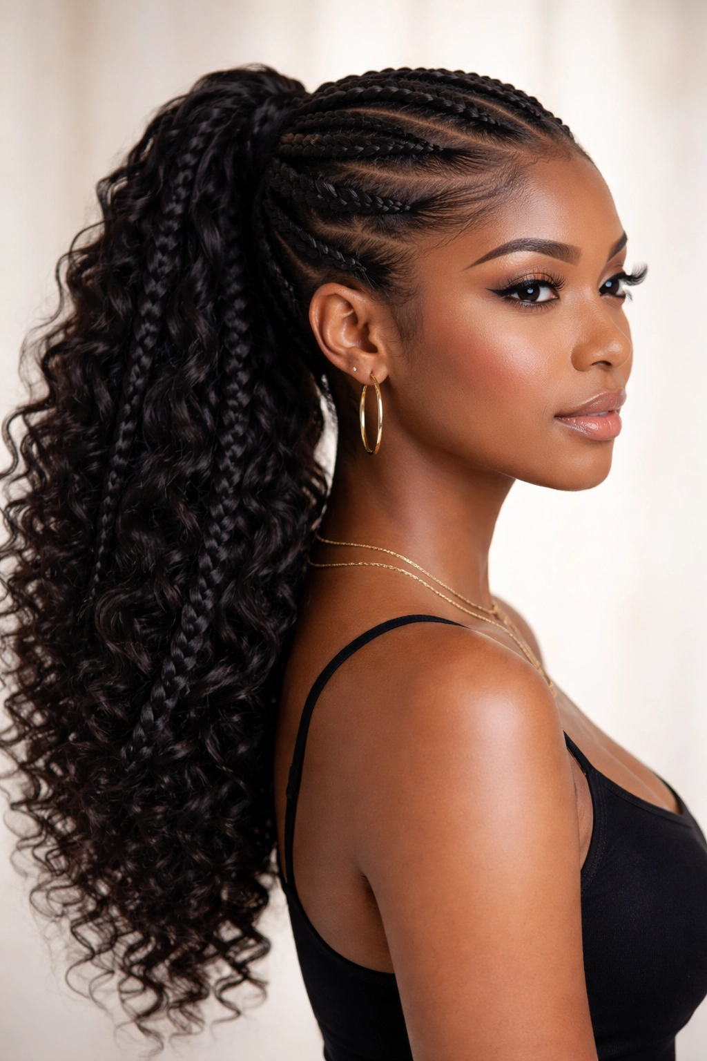 Thick goddess braids into a high ponytail