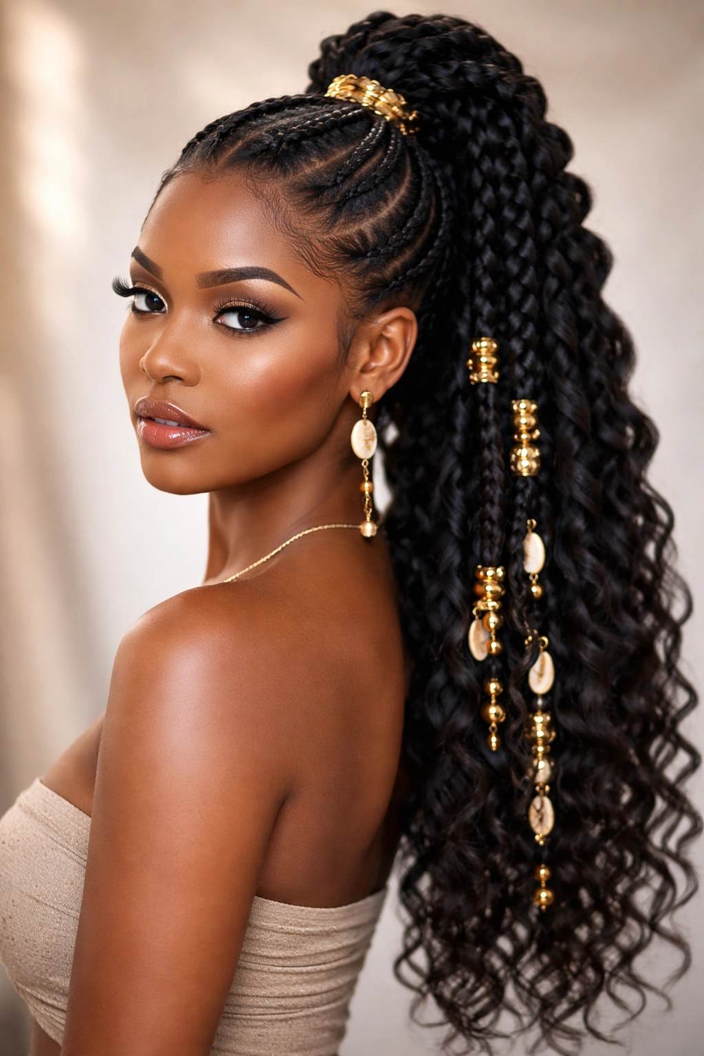Bold goddess braids forming a voluminous high ponytail with decorative accents