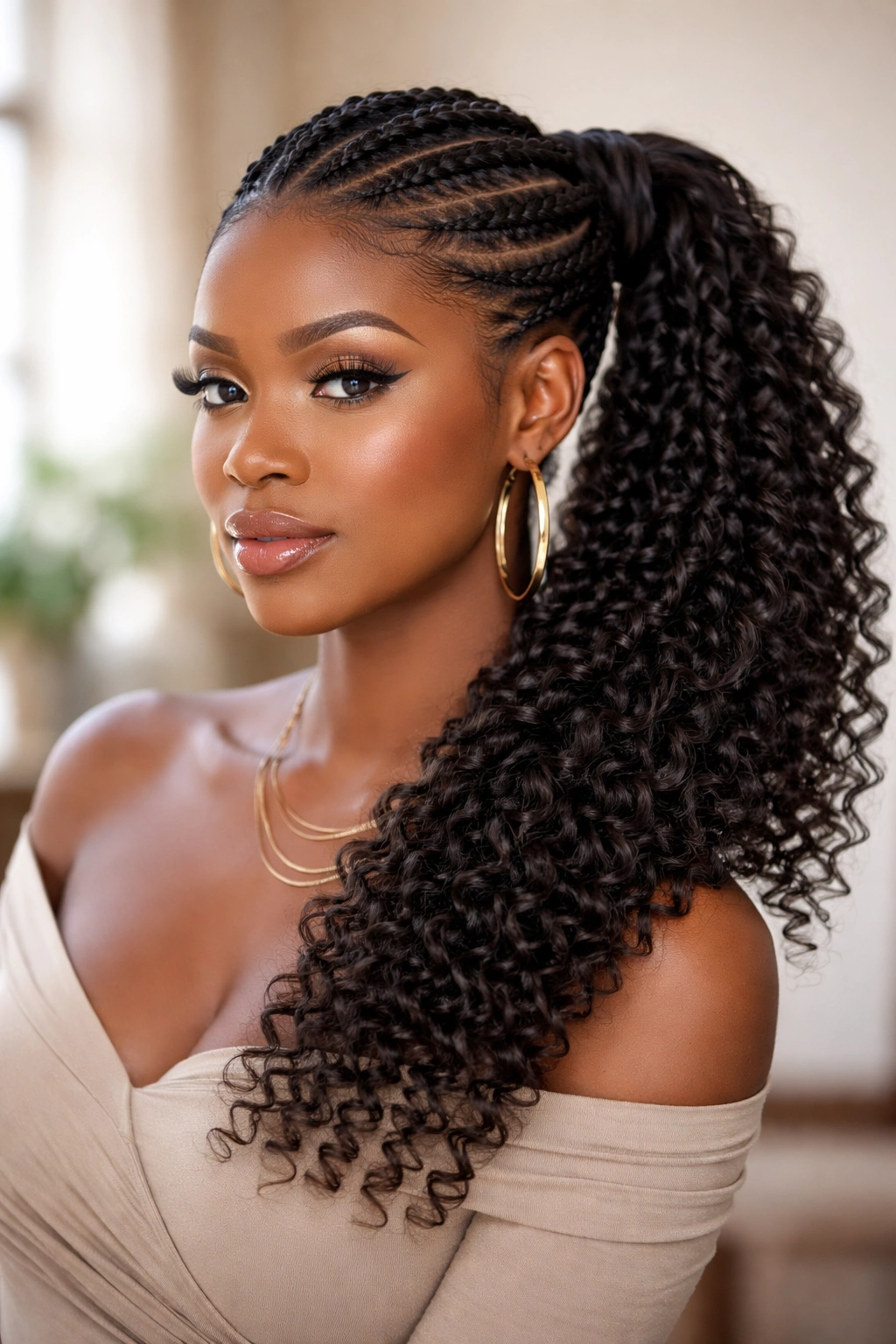 Goddess braids leading into a side ponytail