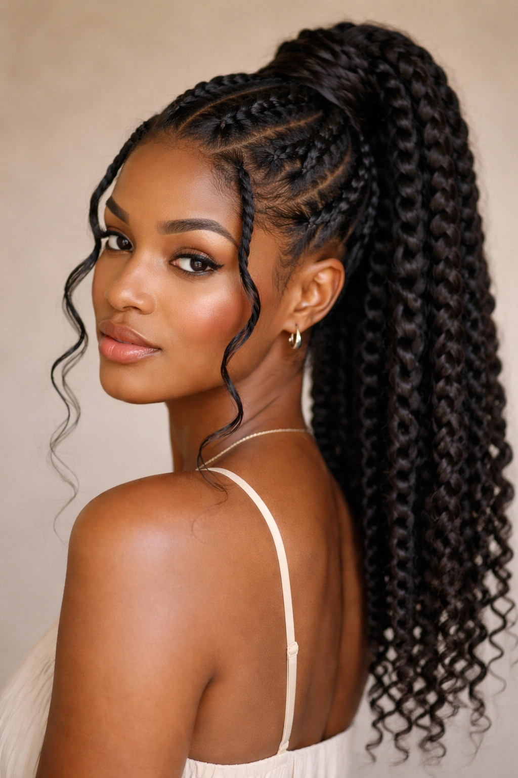 Portrait of a Black woman with goddess braids braided into a ponytail